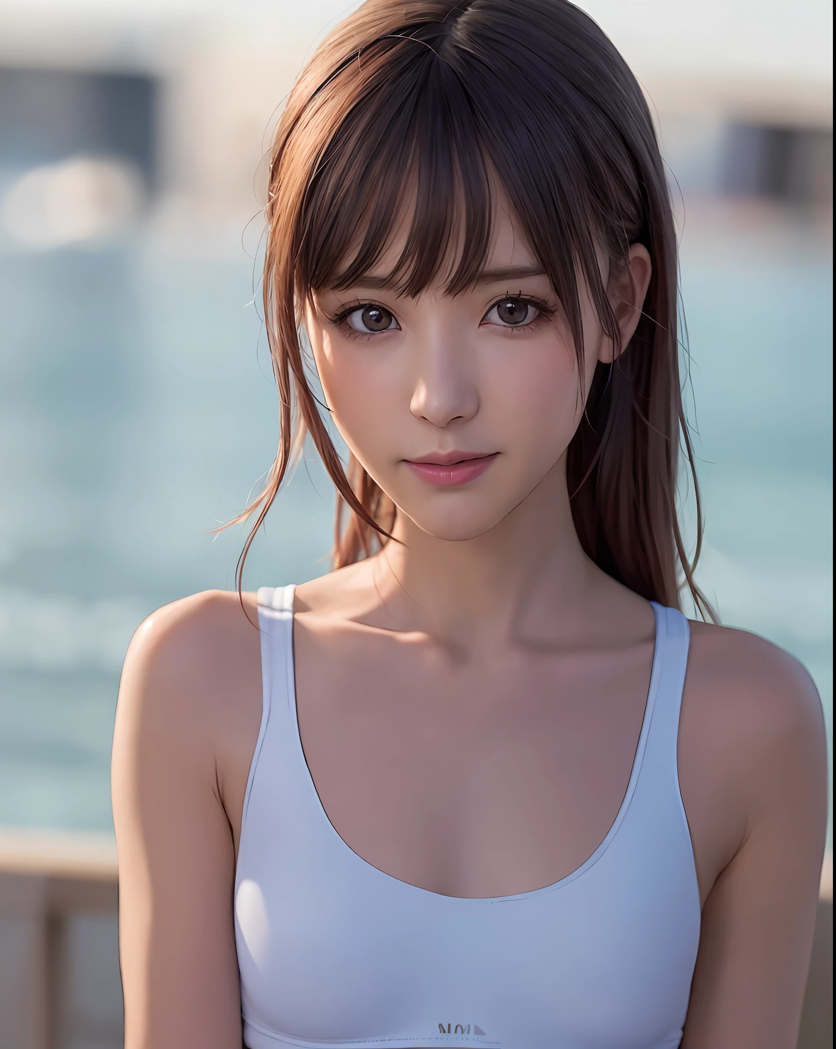 Top Quality, Photorealistic, 8k, High Resolution, Girl, Woman, (Skin Dent), (Portrait: 0.6), Gorgeous, (Sports Bra, Small Breasts: 1.65)), Look Viewer, (One Girl's Eyes Looking at Viewer: 1.6), Photorealistic, (Bokeh), (Floating Hair, Closed Mouth, Smile: 1.3), Gorgeous, pureerosface_v1: 1, sports bra,