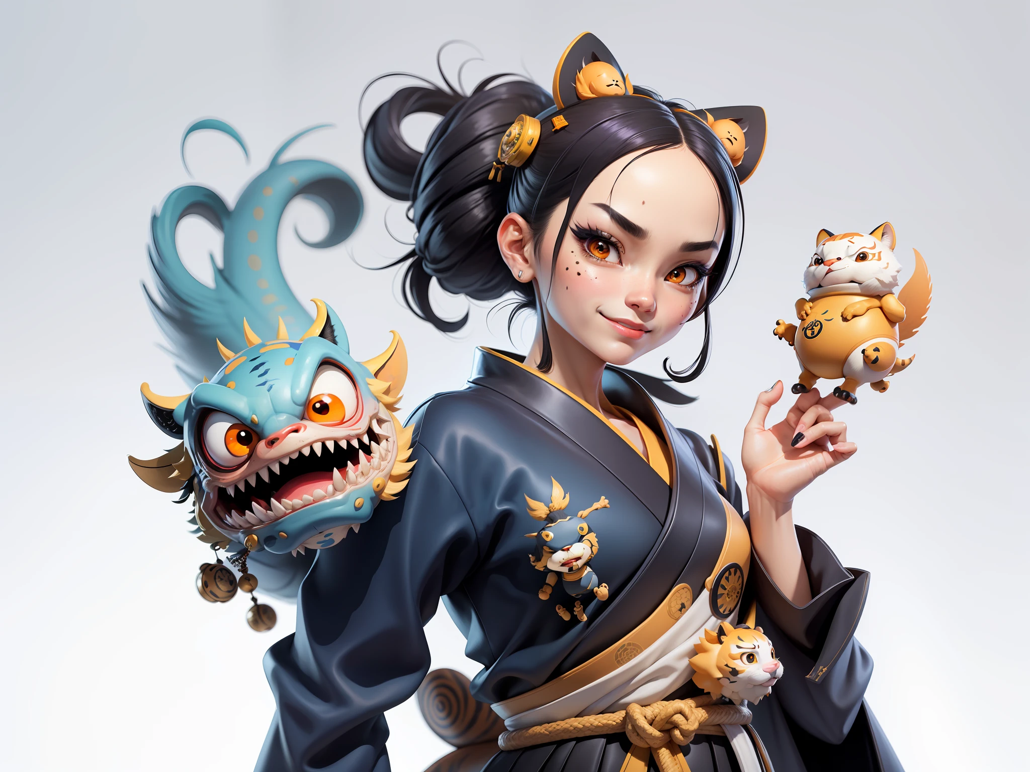 (Masterpiece), (Extreme Quality), (Super Meticulous), (Full Body: 1.2), Super Young Woman, Japanese Female Geisha, Beauty, Chinese Dragon, Tiger, Fengshen Thor, Sexy, Bursting, Oriental Face, TV Anchor, Bust Portrait Illustration, Alone, Black Suit, Blue Tie, Slightly Chubby, Very Clean Face, No Beard, Black Super Short Hair, Black Eyes, Confident Smile, 3c Computer Sub-Products, iPad, iPhone, Digital Painting, 3D character design by Mark Clairedon and Pixar and Hayao Miyazaki and Akira Toriyama, the illustrations are HD illustrations in 4K resolution with highly detailed facial features and cartoon-style visuals.