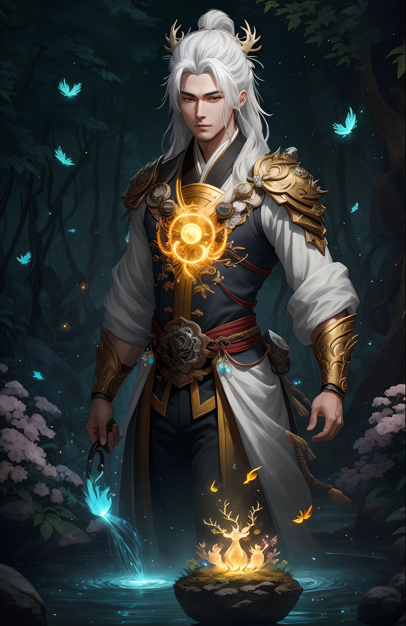 Masterpiece, best quality, (very detailed CG unified 8k wallpaper), (best quality), (best illustration), (best shadow), close-up of a beauty with white hair and white mask, beautiful figure painting, Guvitz, Guwiz style artwork, white-haired god, Yang J, epic exquisite character art, amazing character art, Fan Qi, Wu Zhun Shifan, Guwiz in pixiv art station, glowing elf, with a glowing deer, drinking water in the pool, Natural elements in forest theme. Mysterious forest, beautiful forest, nature, surrounded by flowers, delicate leaves and branches surrounded by fireflies (natural elements), (jungle theme), (leaves), (branches), (fireflies), (particle effects) and other 3D, Octane rendering, ray tracing, super detailed