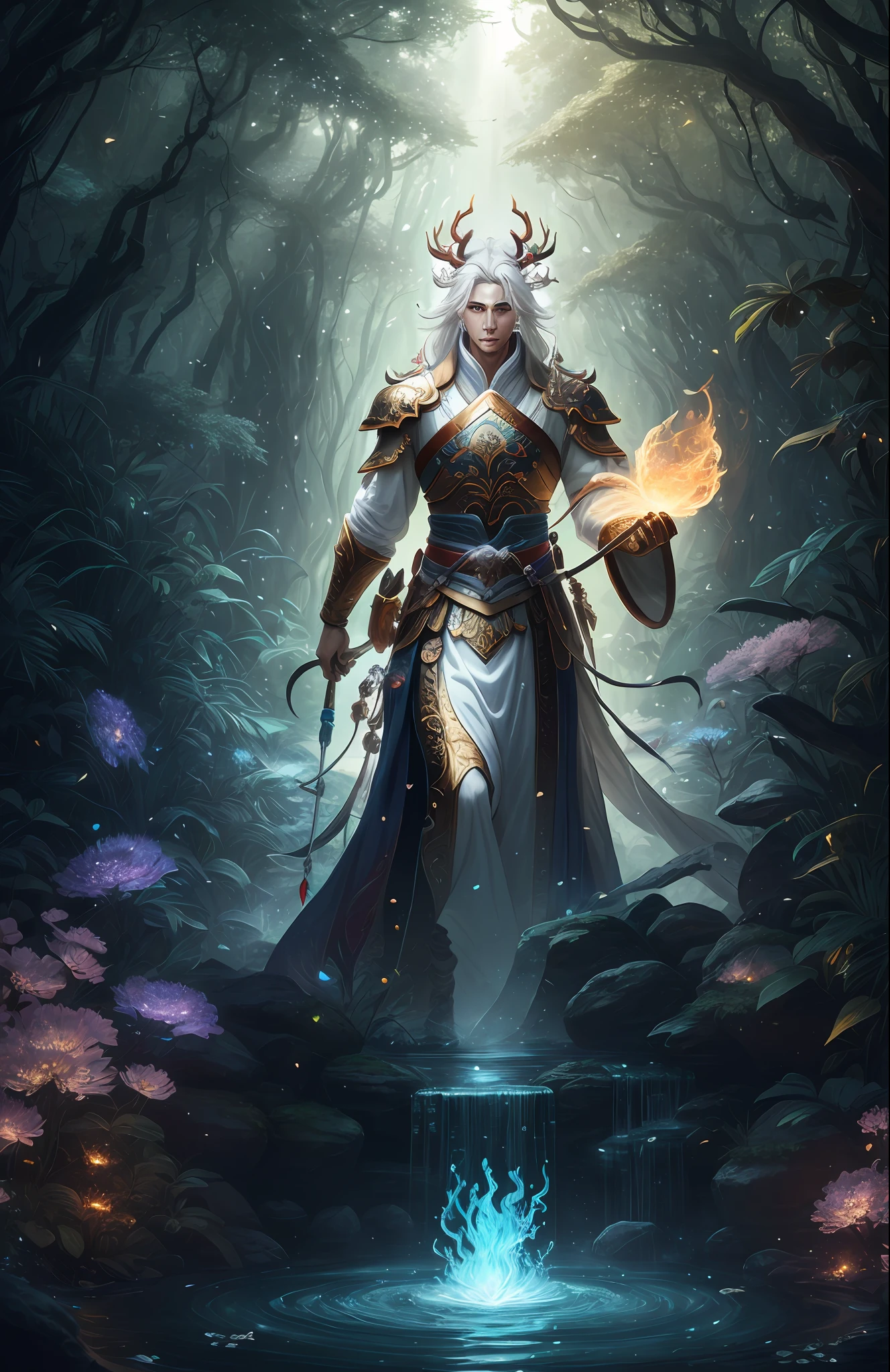 Masterpiece, best quality, (very detailed CG unified 8k wallpaper), (best quality), (best illustration), (best shadow), close-up of a beauty with white hair and white mask, beautiful figure painting, Guvitz, Guwiz style artwork, white-haired god, Yang J, epic exquisite character art, amazing character art, Fan Qi, Wu Zhun Shifan, Guwiz in pixiv art station, glowing elf, with a glowing deer, drinking water in the pool, Natural elements in forest theme. Mysterious forest, beautiful forest, nature, surrounded by flowers, delicate leaves and branches surrounded by fireflies (natural elements), (jungle theme), (leaves), (branches), (fireflies), (particle effects) and other 3D, Octane rendering, ray tracing, super detailed