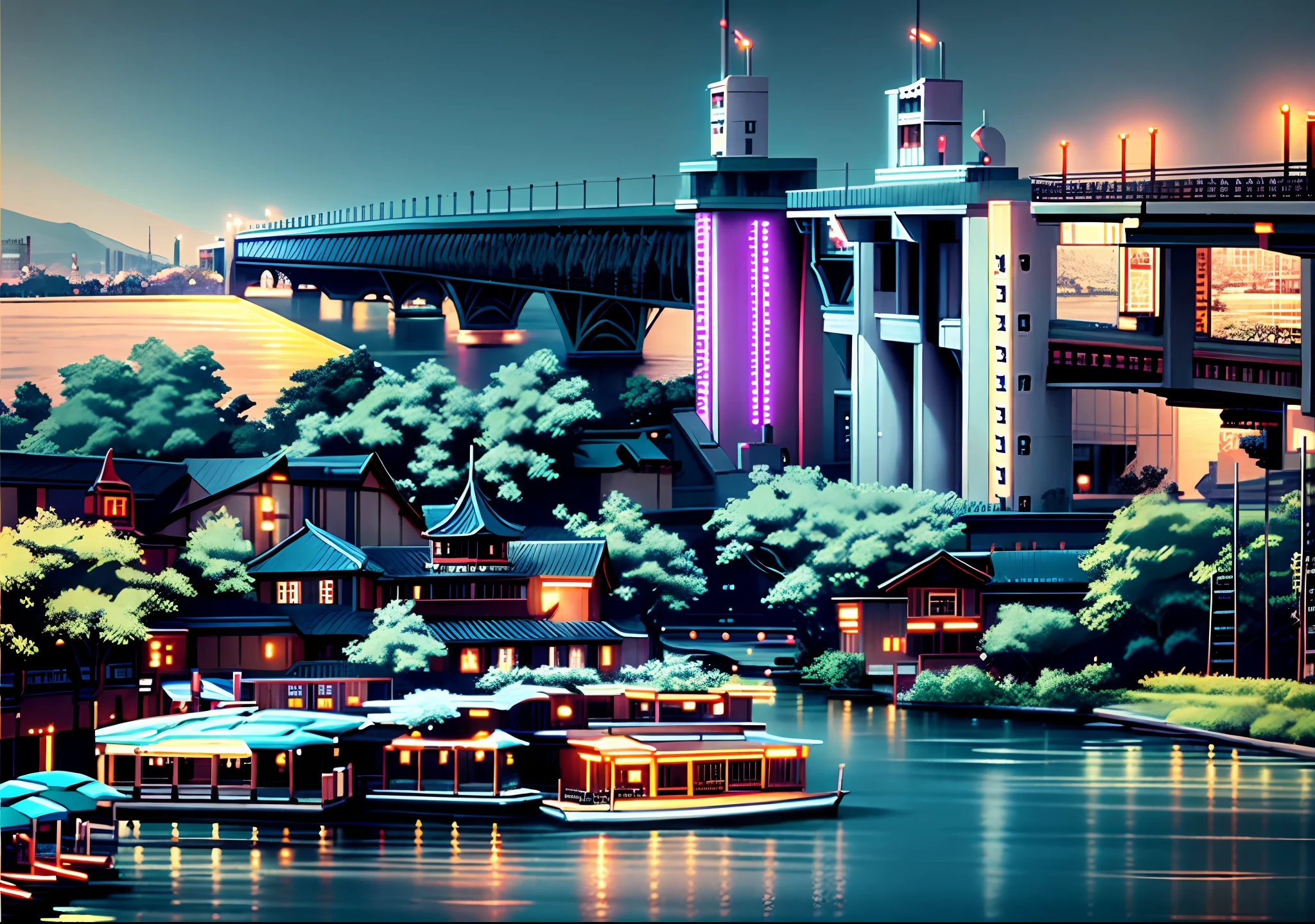 Cyberpunk night scene, cool lights, reflections in the water, bridges, boats, trees, pavilions, real photos