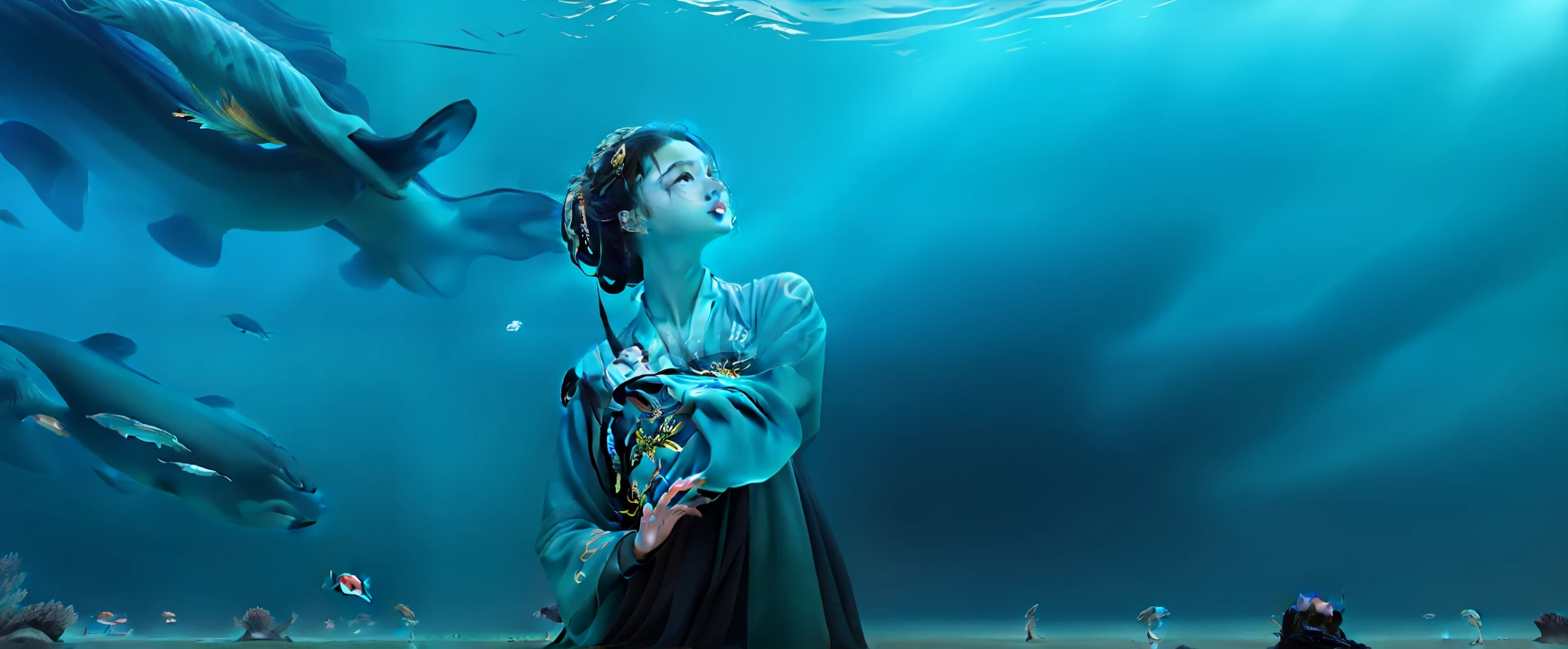 Aquarium world, background is an underwater reef, (((lots of red fish))), seaweed, bubbles, a beam of light, spotlights, ((frontal image, full body framing, looking up, perfect composition)), (a girl, ((looks like Liu Yifei)), Xiaolongnu shape, surrounded by fish, royal sister, wearing a white robe, Hanfu, Chinese style, (posture holding knees, curling abdomen, falling, face close to knees, bare feet, tiptoes off the ground, fine sand on the seabed,) (a thick black long hair, Dark clouds spread upwards, levitating, hair flying upwards))), and the water surface backlit to form a large whirlpool, tall, master works, the best picture quality, exquisite facial features, more details, 8K resolution, unity rendering, cold tones, backlight, illustration, glow, blue eyes clear, lips slightly open, clear expressions, aesthetic romance, beautiful artistic conception,
