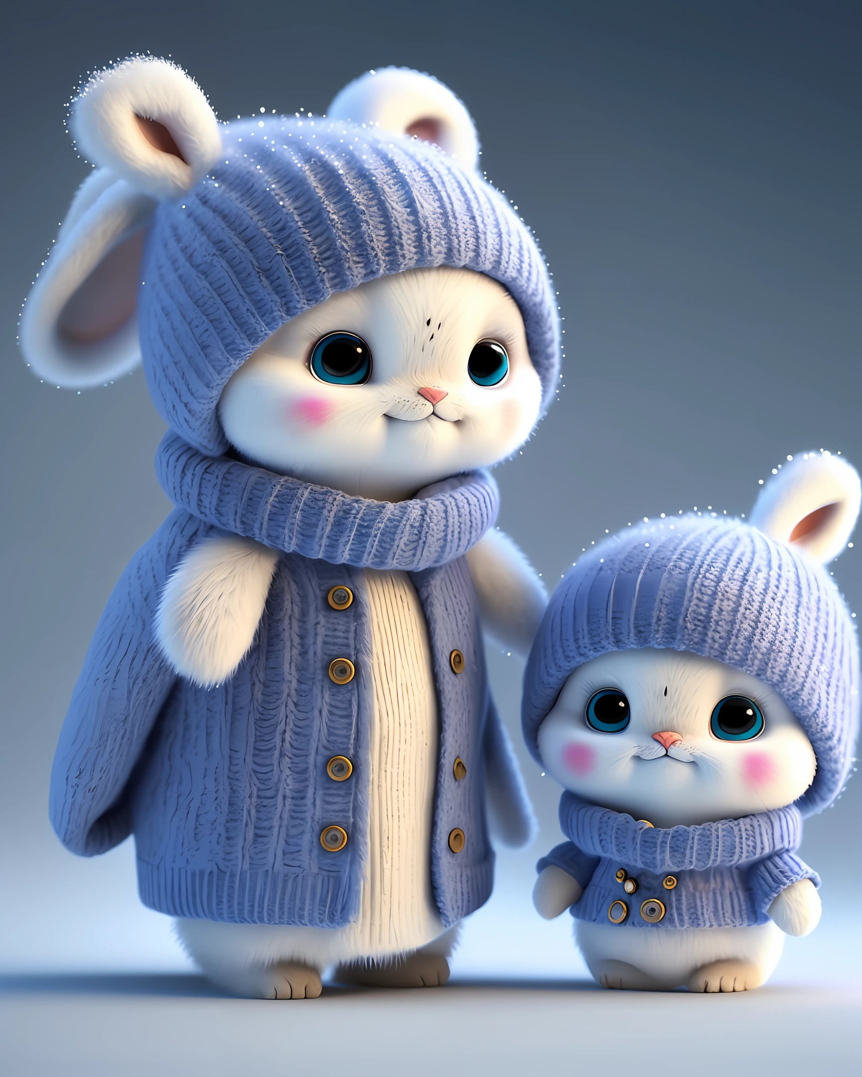 A winter full of regret, drifting snow, big bright eyes, eyes similar to puss in boots, a super cute baby pixar style white fairy rabbit, bright cute snow white, big bright eyes, cute tail, wearing a cyan sweater, wearing cyan a hat, smile, delicate and thin, fairy tales, incredibly tall detailed, pixar style, bright color, natural light, simple background with pure color, 5 and octane render, Trend in ArtStation, beautiful, ultra wide angle, 8K, realistic HD, 8K HD, mobile images, V 4 Q 2 2