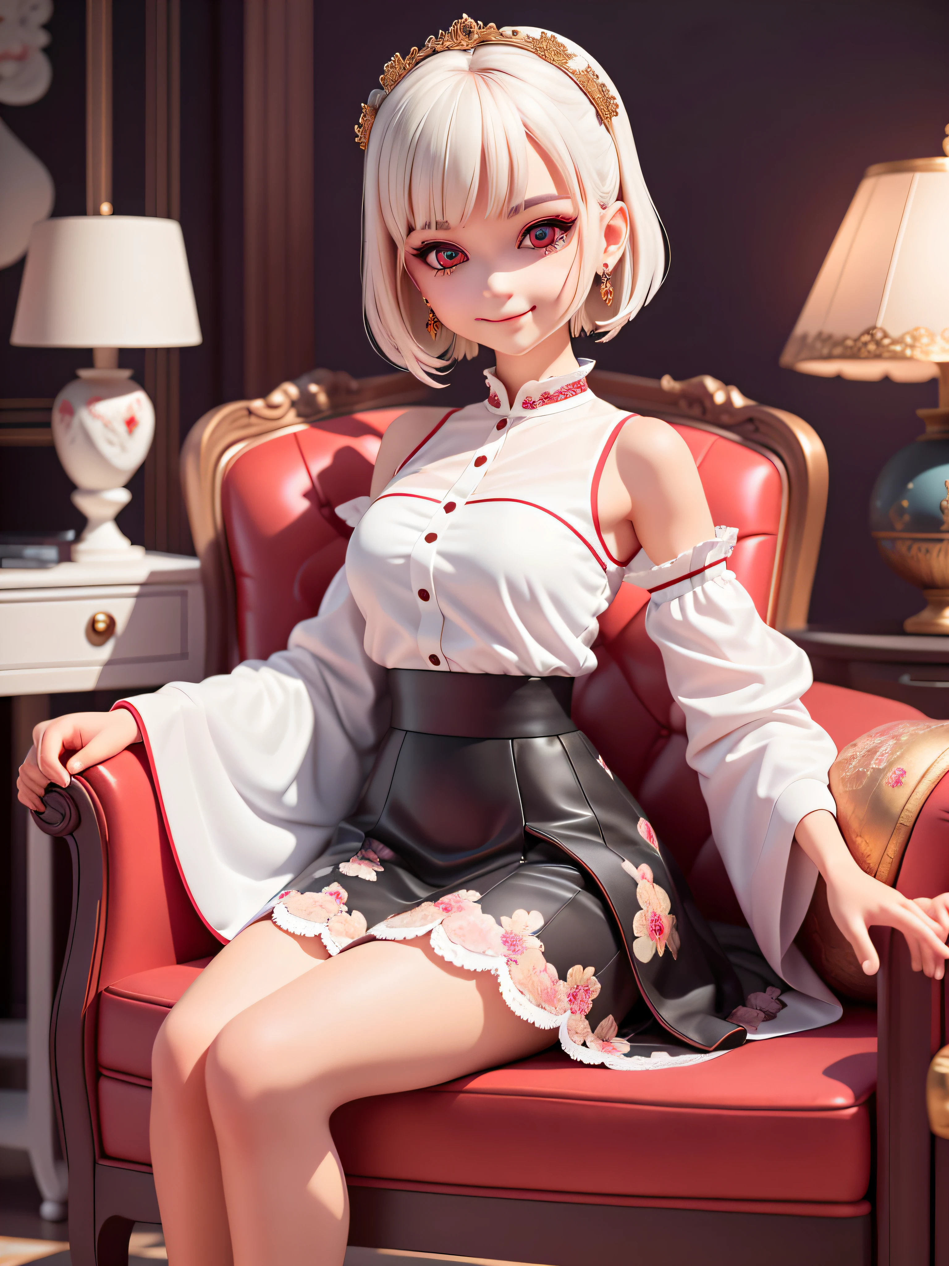 (masterpiece),(best quality),(ultra-detailed), (full body: 1.2), 1girl,chibi,cute, smile, white haircut, red eyes, earring, white shirt, black skirt, lace socks, (sitting on the red sofa), seductive posture, smile, An elegant black coffee table sits in front of the sofa and some decorative items are placed on the shelves, (beautiful and detailed face), (beautiful detailed eyes),