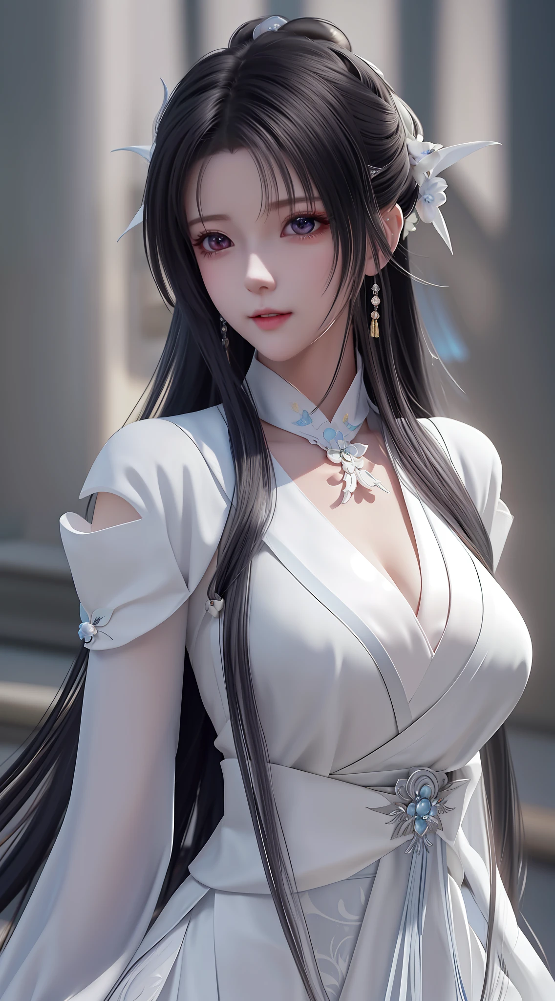 Close-up of a woman in a long hair white dress, crisp breasts half naked, beautiful and seductive anime woman, white hanfu, beautiful character painting, Guvez, Guvez style artwork, white hair Tifa Lockhart, beautiful anime woman, by Yang J, long hair anime girl, anime goddess, full body fairy, nsfw