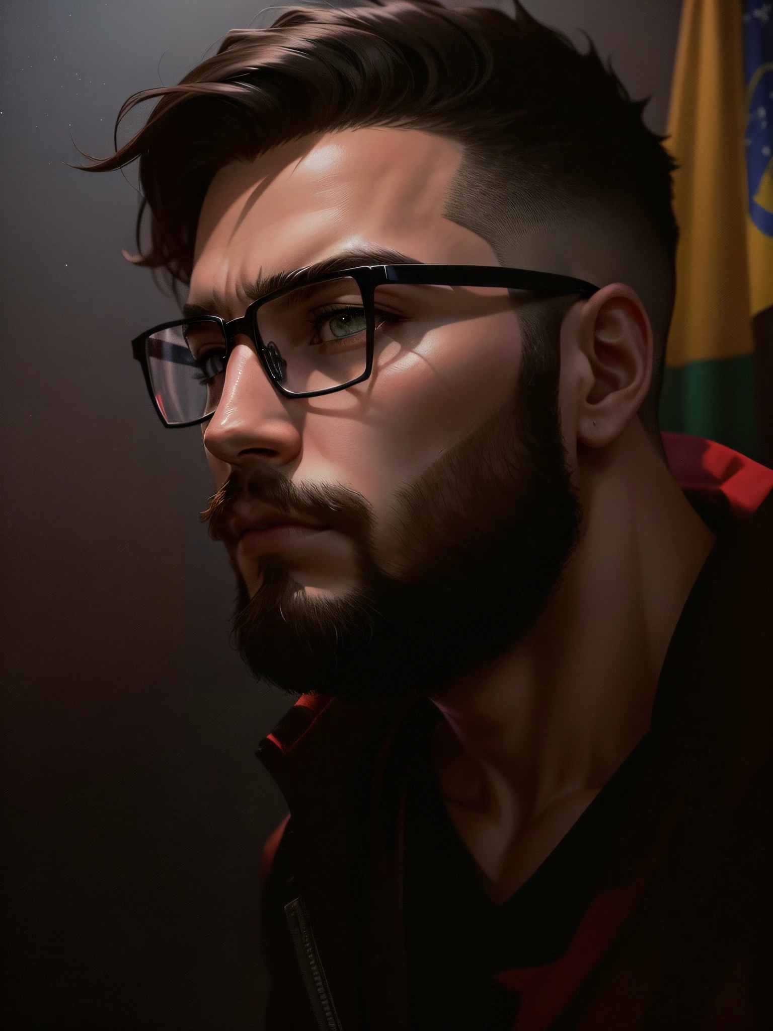 There's a 21-year-old man with glasses and a beard in a room, headshot profile picture, profile picture, looking sideways, Twitch streamer/gamer Ludwig, very high quality image, lit from the side, looking off camera, taken in early 2020, halfbody headshot, cyberpunk anime style, a Brazilian flag stretched out in the right corner of the iamgem,  with the skin of a 21-year-old --auto --s2