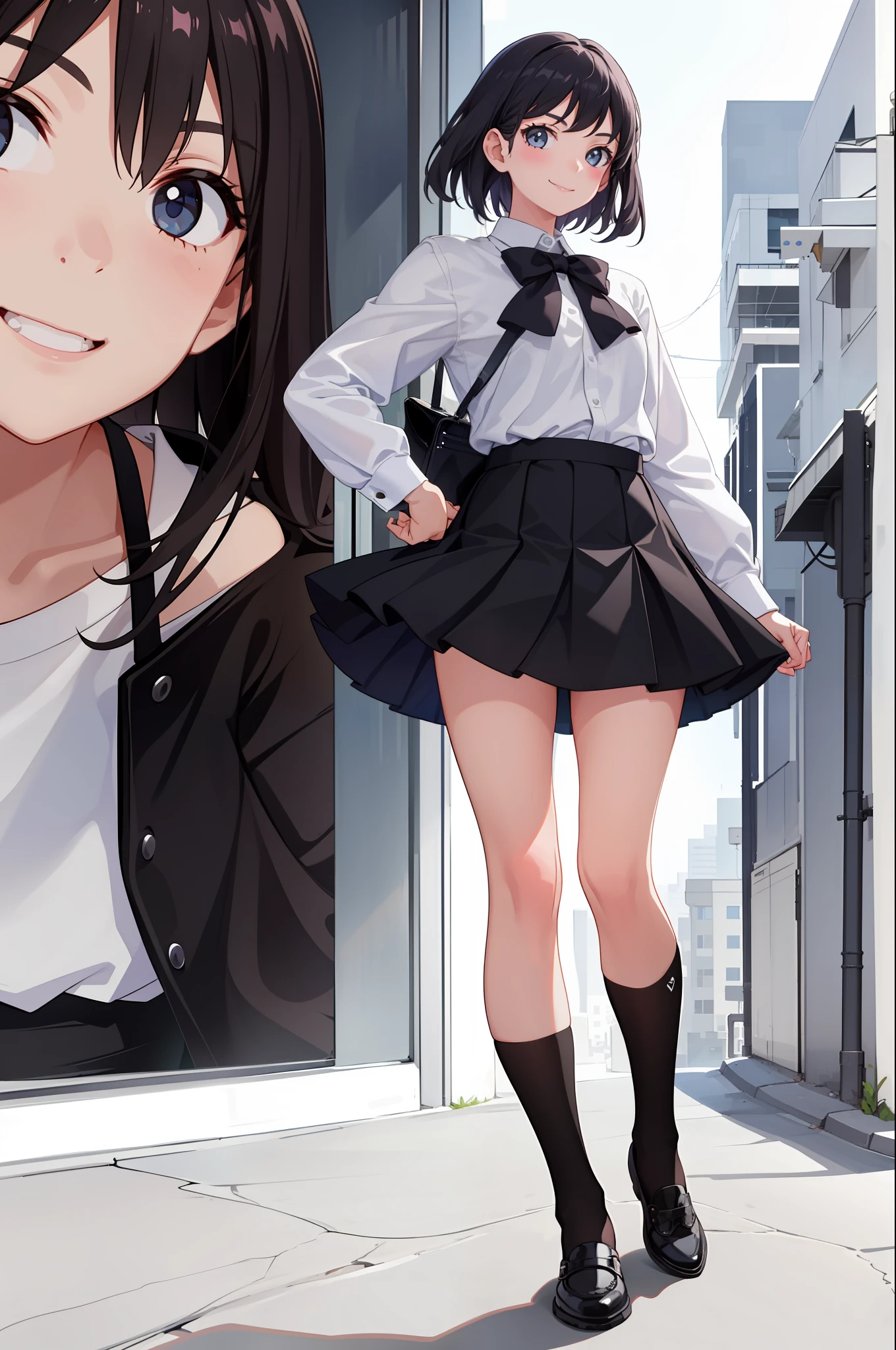 1 girl, smile, shirt, skirt, (small) chiralism,