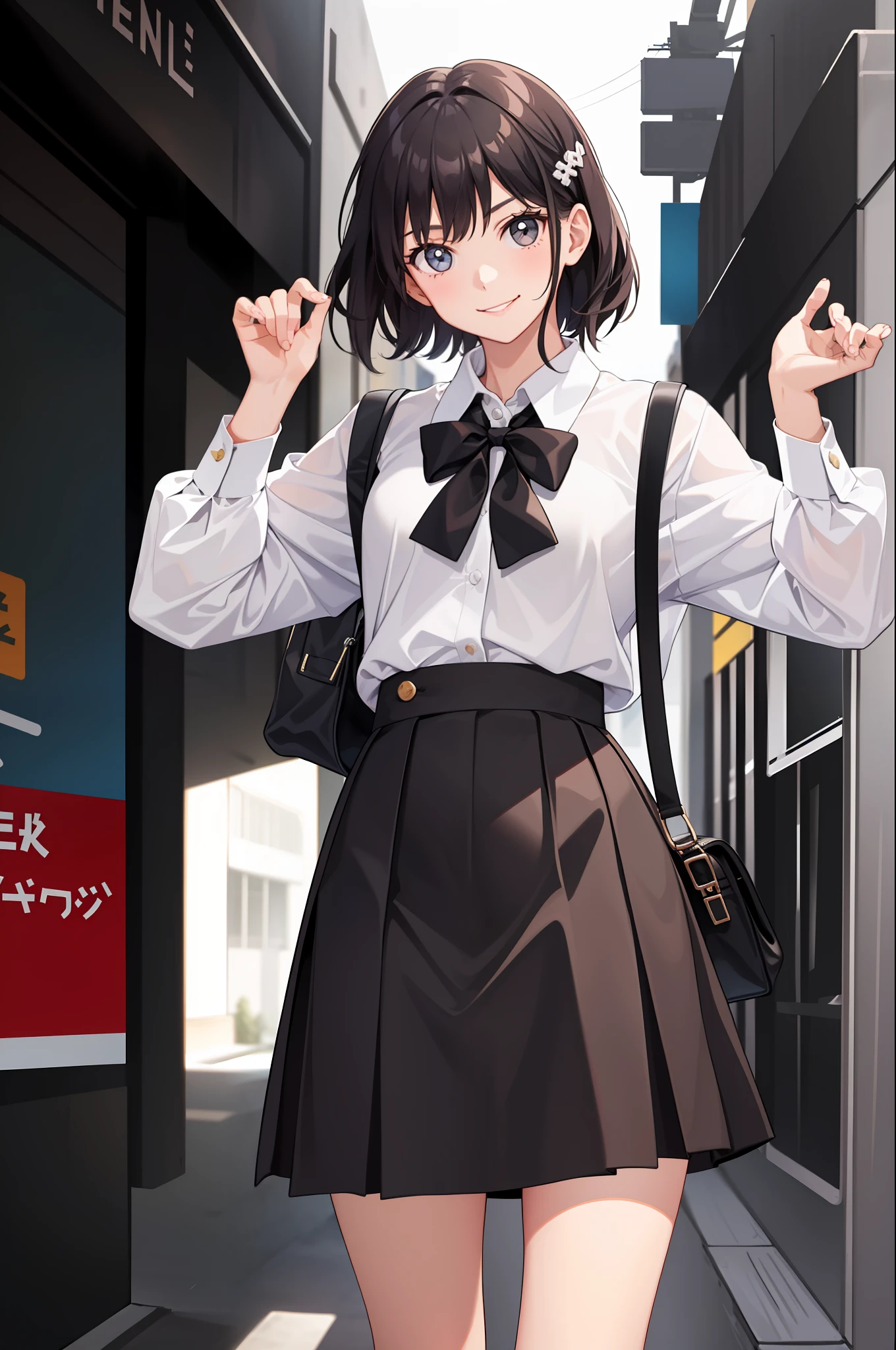 1 girl, smile, shirt, skirt, (small) chiralism,