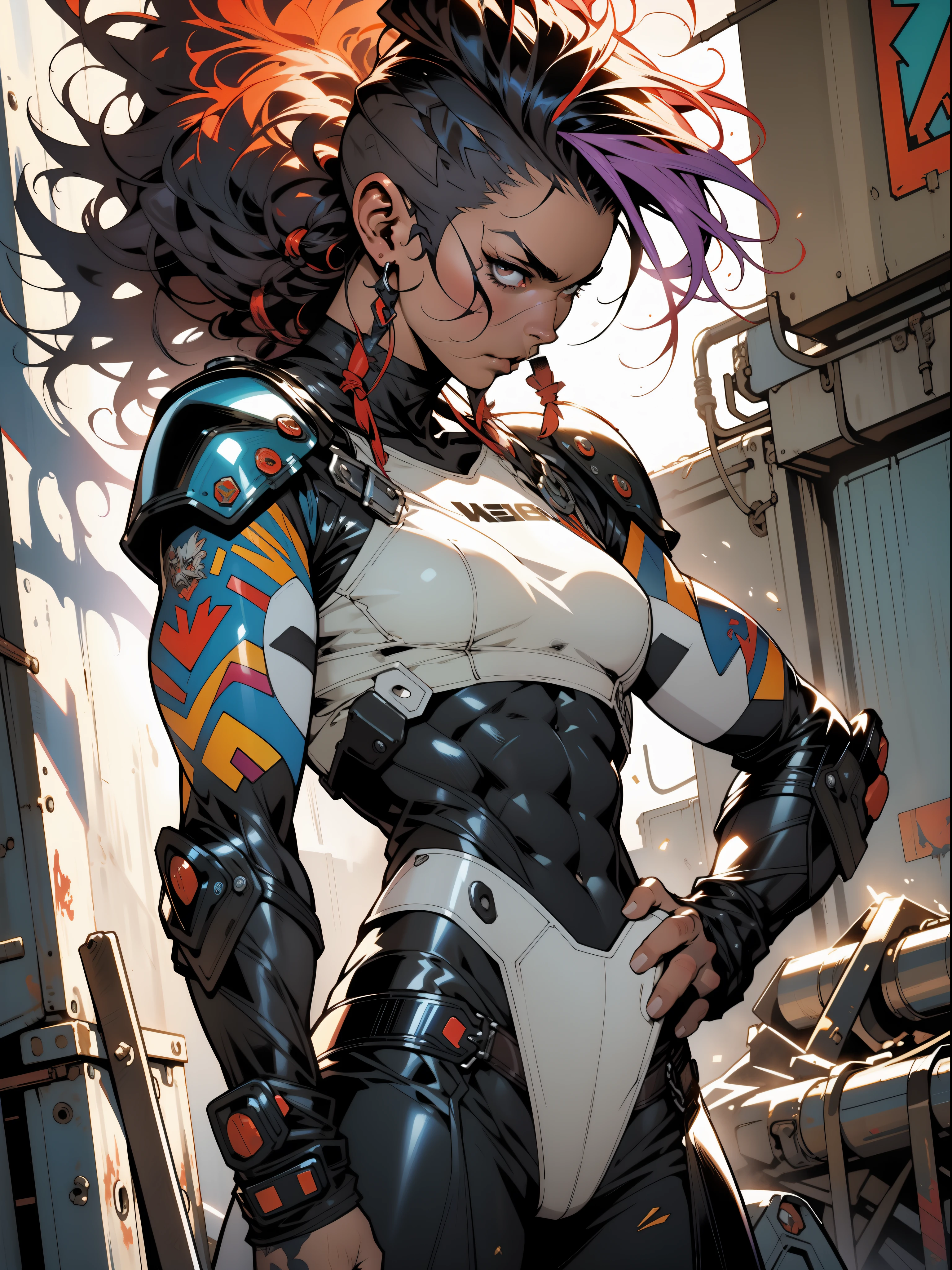 A muscular 35-year-old warrior woman almost naked in the Simon Bisley style for the cover of Heavy Metal magazine, colorful mohawk hair, Minimum clothing, carbon fiber armor in hexagonal pattern stained with paint,