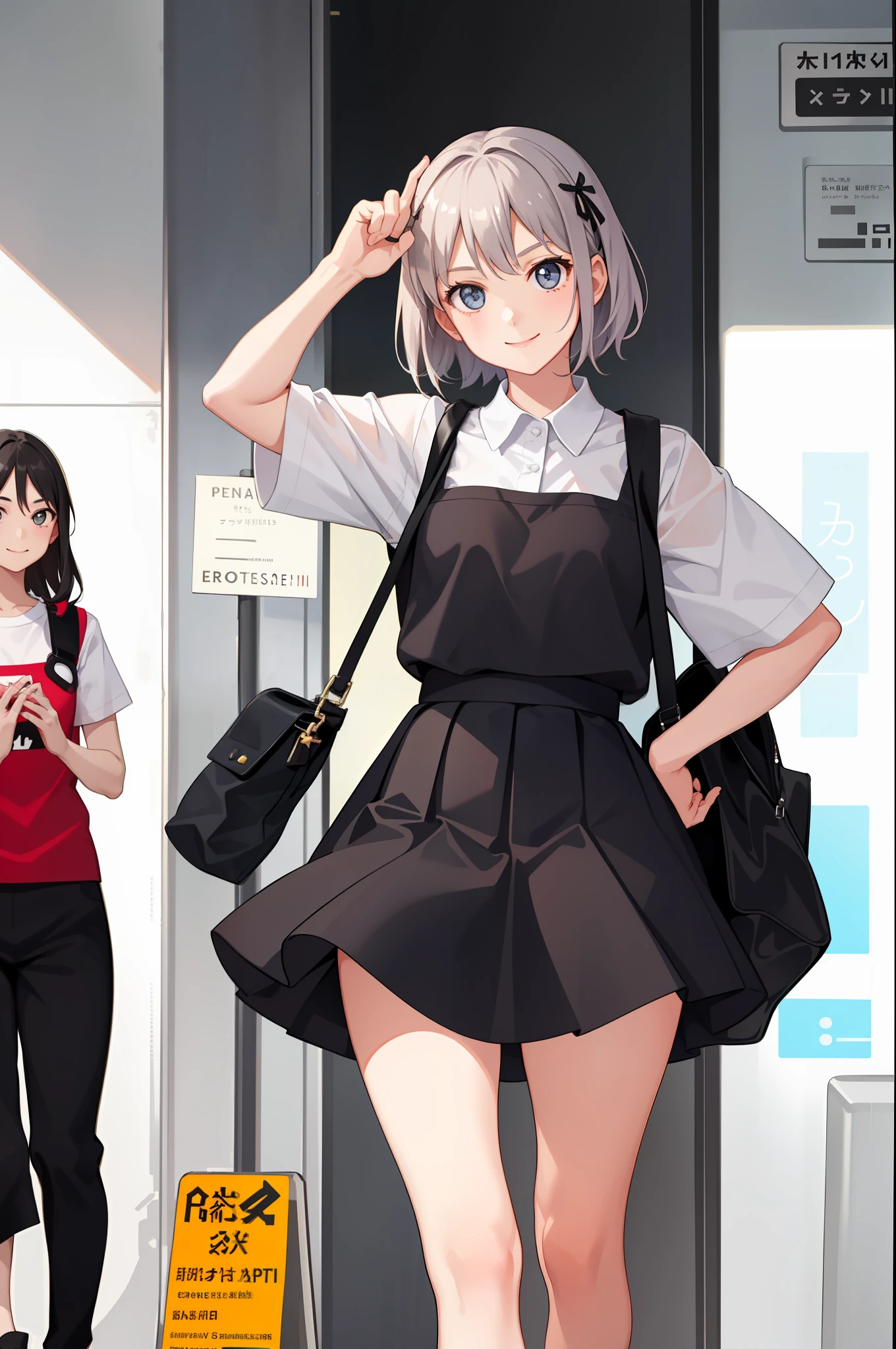 1 girl, smile, shirt, skirt, (small) chiralism,