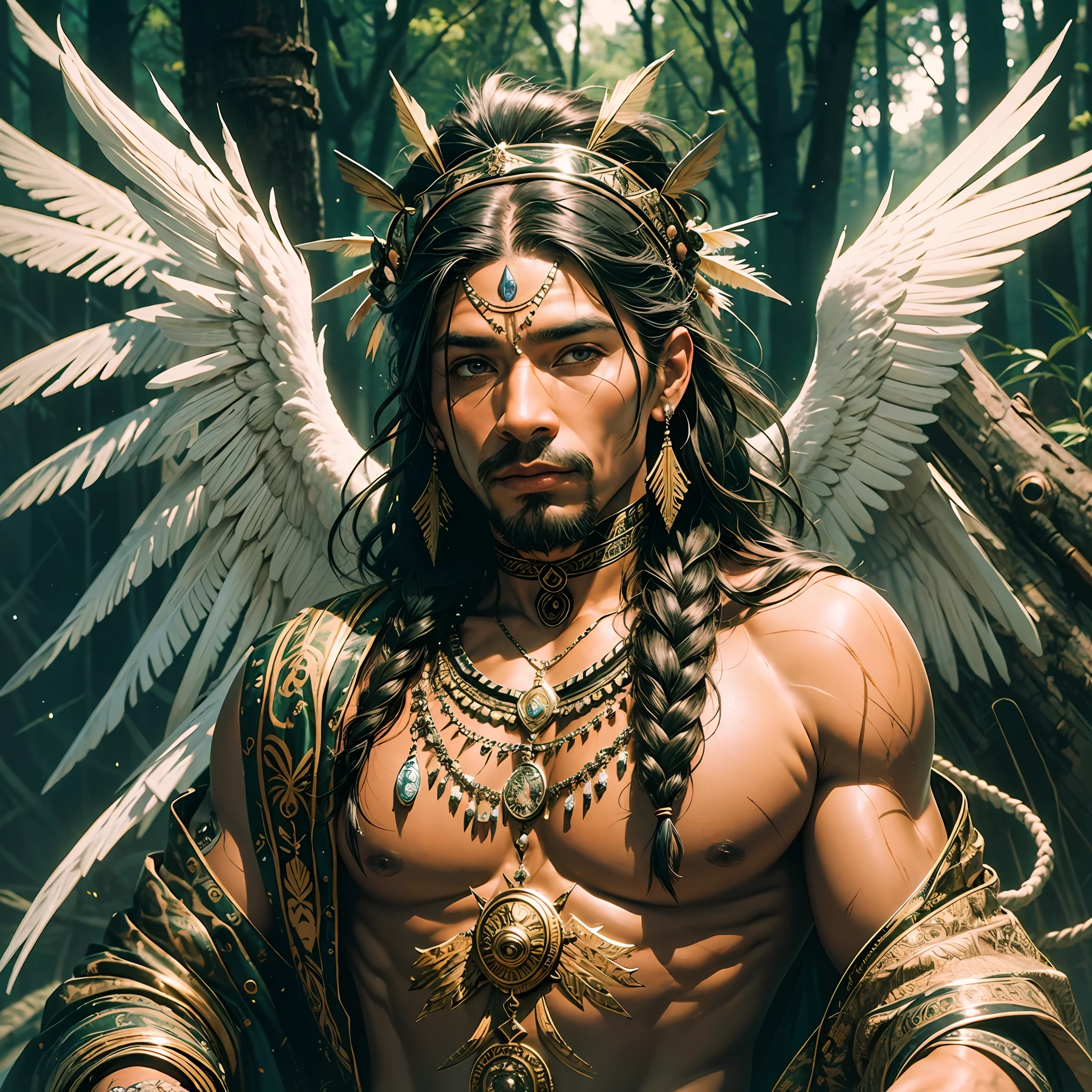 (masterpiece: 1.5, best quality: 1.5), realistic, (hyper realistic: 1.5), (realistic photo: 1.5), (real image, intricate details), looking at the viewer, (8k wallpaper: 1.5) (from knee to head: 1.15), (detailed face: 1.5), (detailed eyes: 1.5), (sharp photo), highly detailed, ultra-detailed, indigenous man, with headdress, painted face, strong, muscular, sensual, in a forest, with trees (from knee to head:  1.15) Man 40 years old, muscular, with angel wings, black skinned, with crooked hair, brown eyes, sensual, holding in his hand an arrow, with an inspiring and romantic look --auto --s2