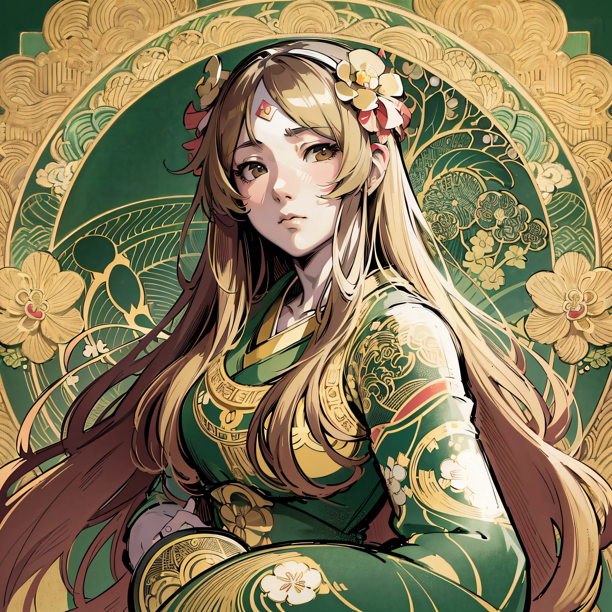 Japanese female kawai, long hair, by Alphonse Mucha (Masterpiece, Best Quality, Highres:1.4), detailed, intricate details, 4K, color splashes, line art, anime --auto --s2
