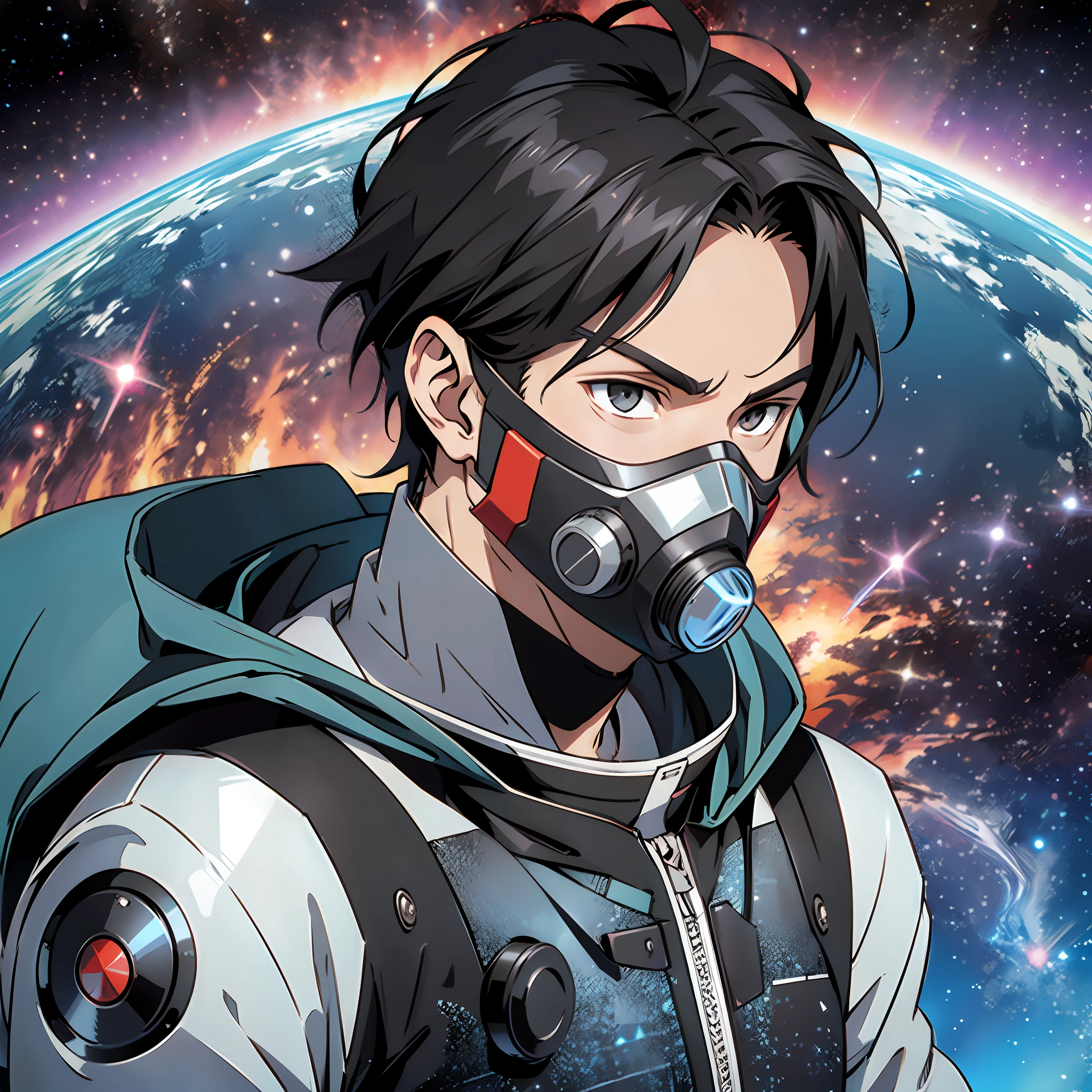 an anime guy, With a radiation protective mask in his mouth,Hairless tempora, Hair-raising black hair, Radiation power, It's in space, Epic general plane angle