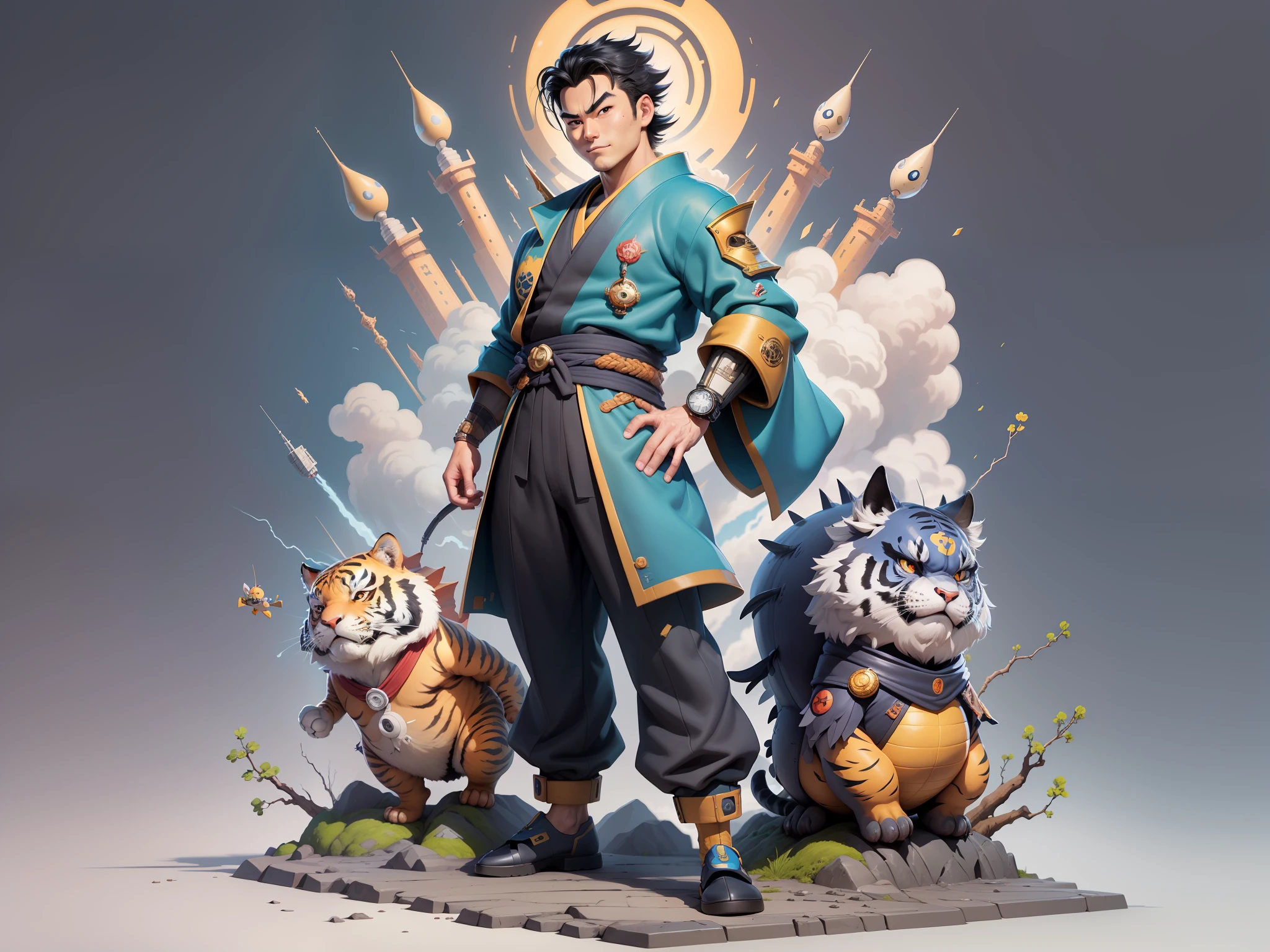 (Masterpiece), (Excellent), (Super Meticulous), (Full Body: 1.2), Super Young Man, Oriental Face, Japanese Kimono, Japanese Wind Thunder God, Dragon, Tiger, TV Anchor, Bust Portrait Illustration, Alone, Black Suit, Blue Tie, Slightly Chubby Face, Very Clean Face, No Beard, Black Super Short Hair, Black Eyes, Confident Smile, 3c Computer Sub-Products, iPad, iPhone, Digital Painting, 3D Character Design by Akira Toriyama and Mark Claireden and Pixar and Hayao Miyazaki, The illustration is a high-definition illustration in 4K resolution with very detailed facial features and cartoon-style visuals.