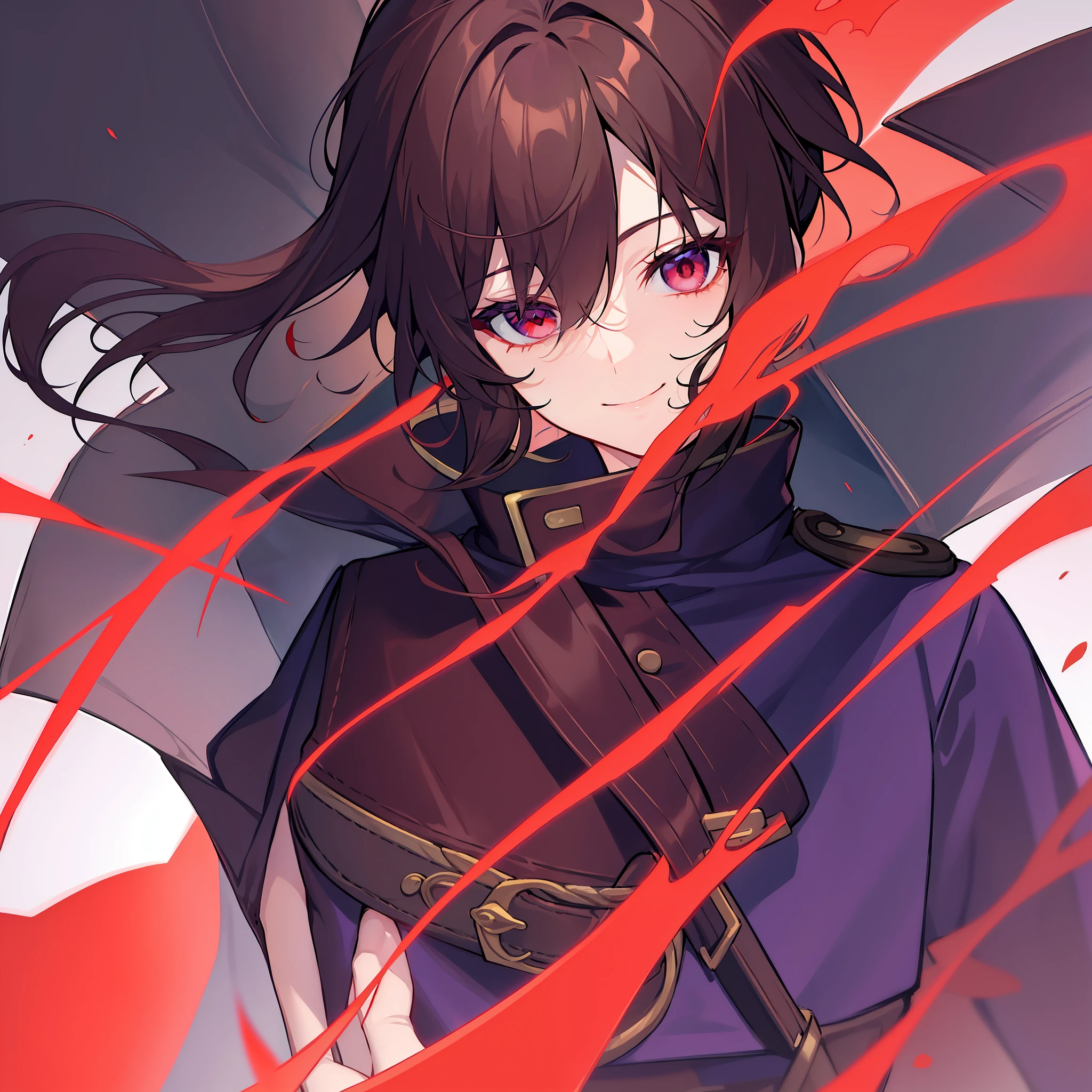ash brown hair, full body, smile, purple military uniform, red eyes, solo, wolf cut, middle hair, look down, low saturation,
asexual, aloof