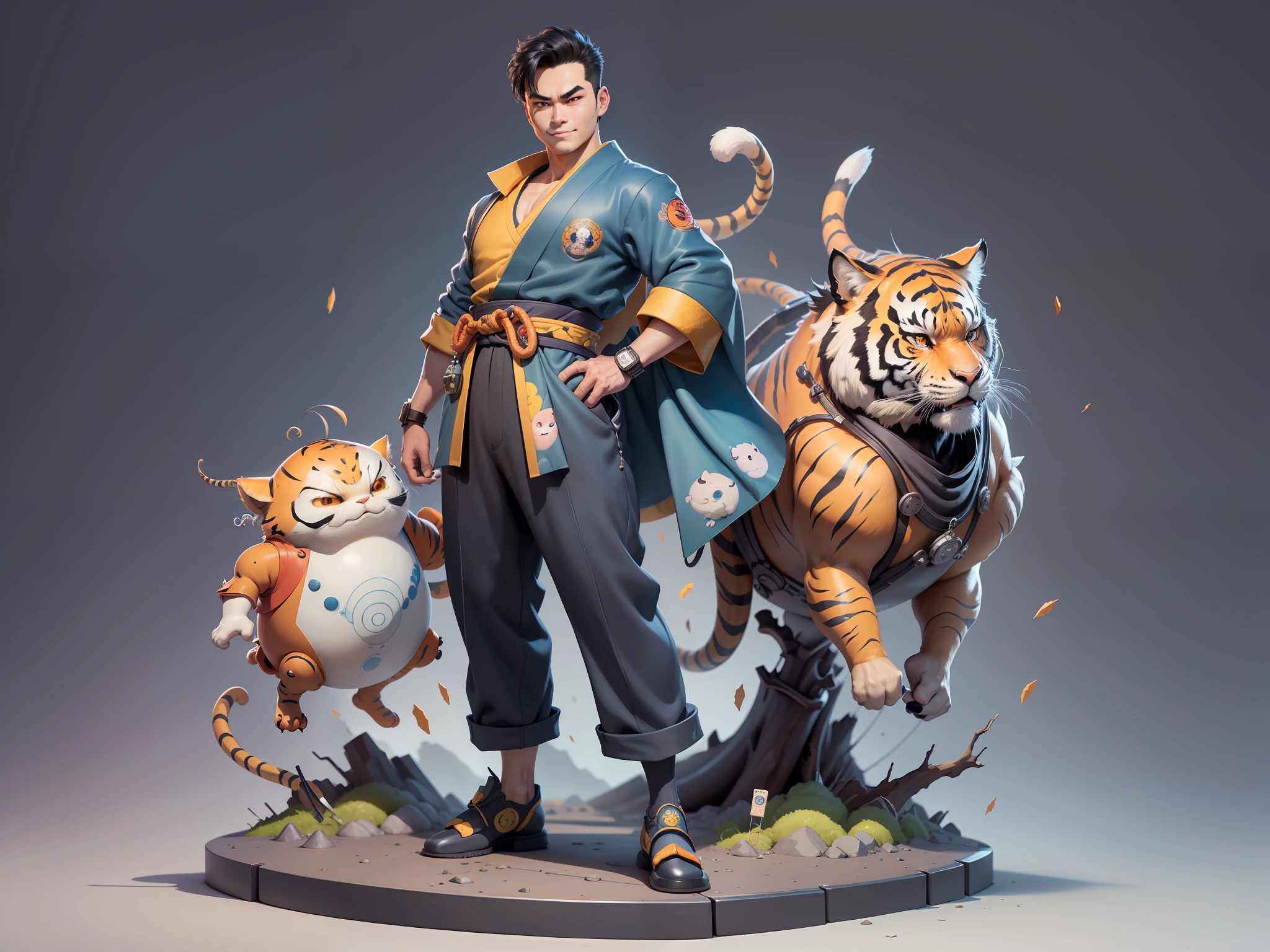 (Masterpiece), (Excellent), (Super Meticulous), (Full Body: 1.2), Super Young Man, Oriental Face, Japanese Kimono, Japanese Wind Thunder God, Dragon, Tiger, TV Anchor, Bust Portrait Illustration, Alone, Black Suit, Blue Tie, Slightly Chubby Face, Very Clean Face, No Beard, Black Super Short Hair, Black Eyes, Confident Smile, 3c Computer Sub-Products, iPad, iPhone, Digital Painting, 3D Character Design by Akira Toriyama and Mark Claireden and Pixar and Hayao Miyazaki, The illustration is a high-definition illustration in 4K resolution with very detailed facial features and cartoon-style visuals.