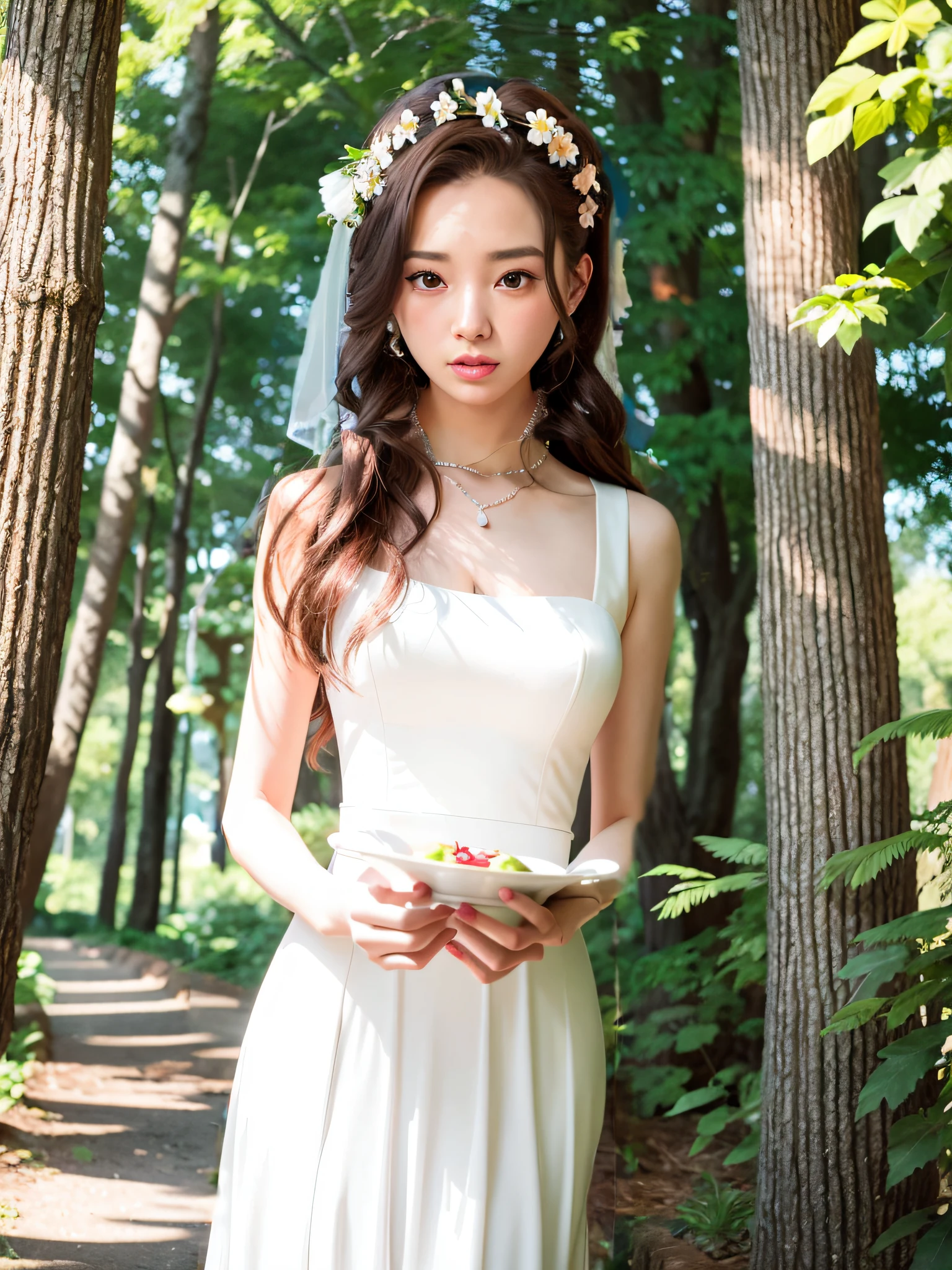 Beautiful woman in beautiful pure white wedding dress, arms forward, holding a plate in her hands