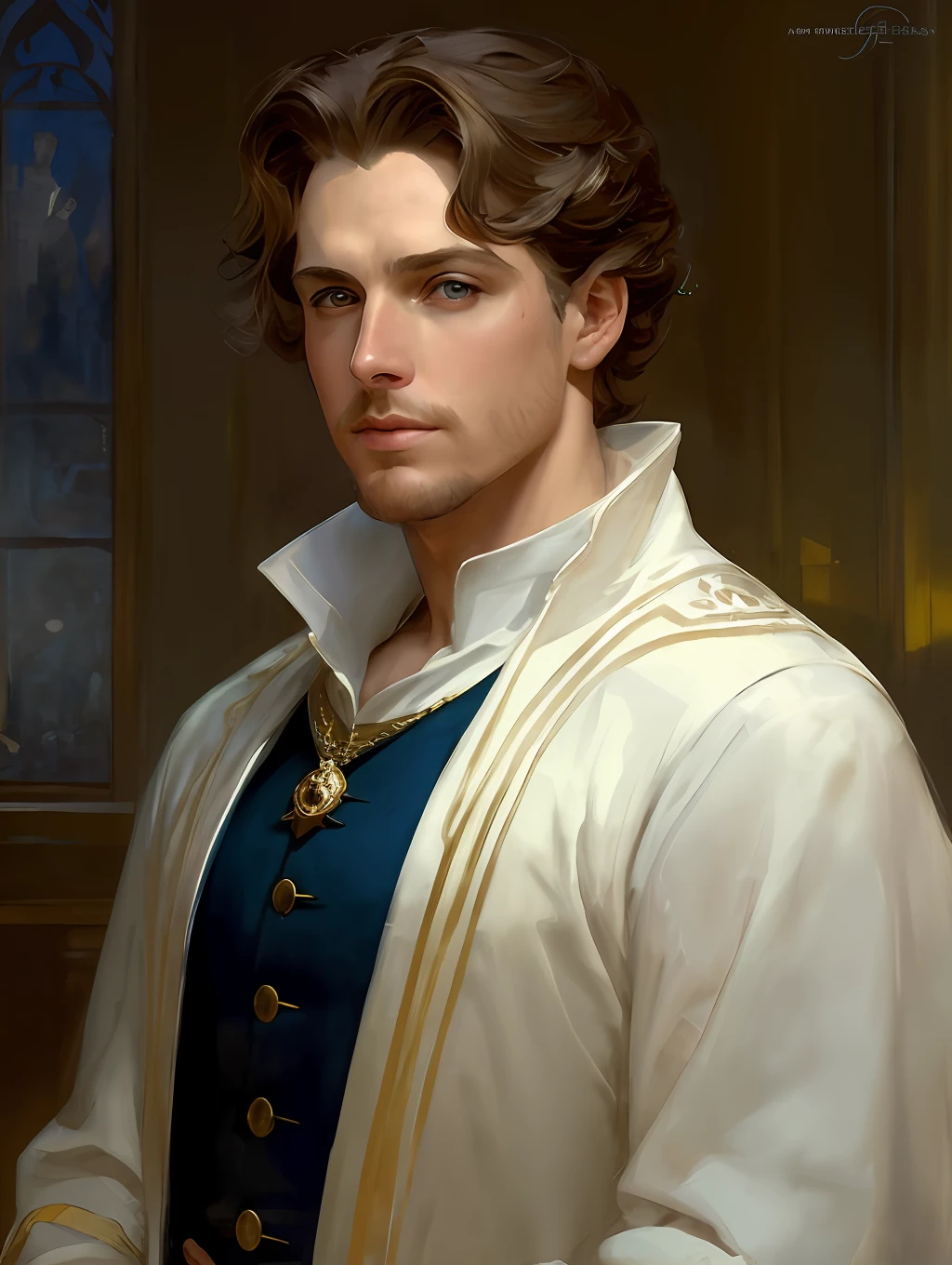 (Masterpiece) An insanely handsome young lord, white skin, light brown short messy hair, blue eyes, perfect face, extremely handsome man, big Greek nose, nice lips, biblical, gospel, digital painting, watercolor painting oil, painterly, by Jeremy Lipking, by Antonio J. Manzanedo, Alphonse Mucha, Fuller Graves, Bartolome Esteban Murillo, JC Leyendecker, Craig Mullins, Peter Paul Rubens Detailed Painting, CGSetivity, ArtStation HD, High Detail, Photorealism, Concept Art, ArtStation HD, official art, trend in the artstation, 8k.