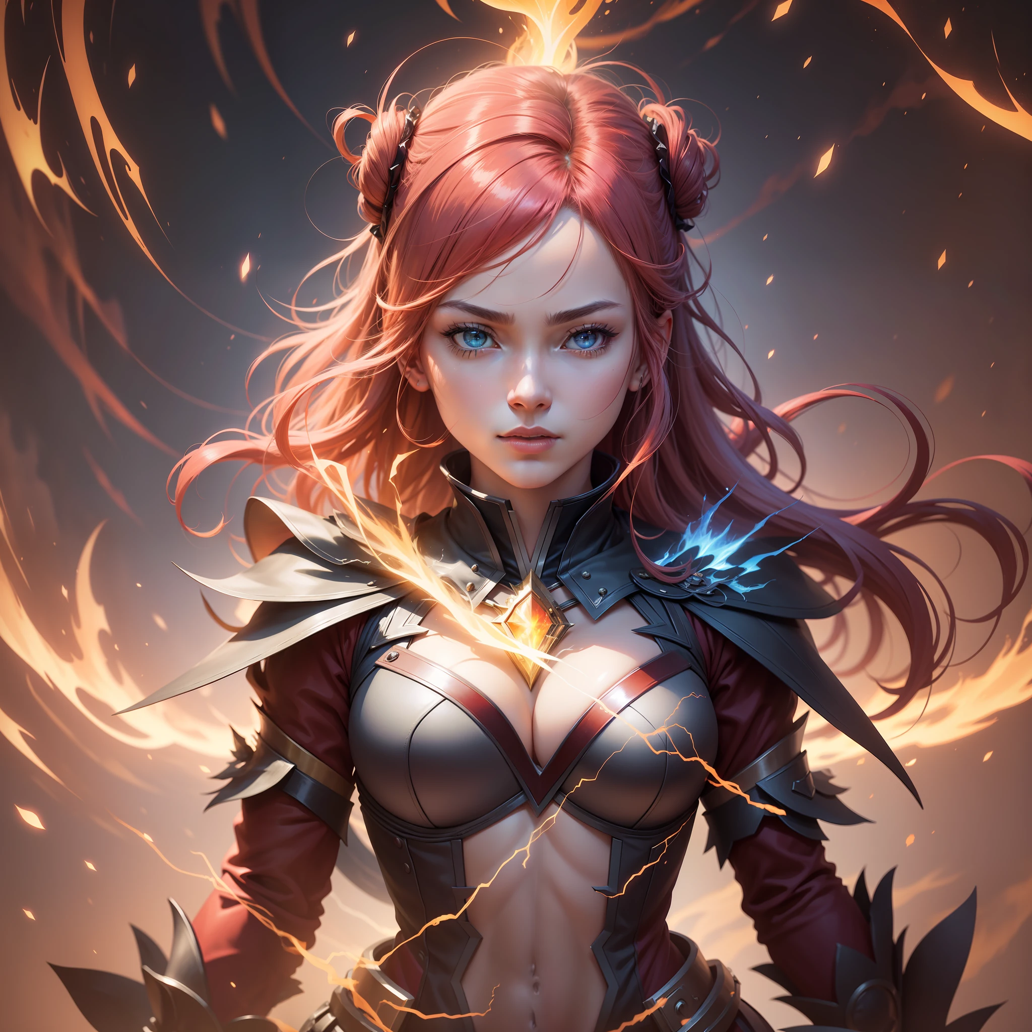 Generate a high-quality anime-style digital illustration depicting an elemental magician woman amid red flames and yellow rays. The scene should have golden tones, realistic depth of field, and soft cinematic lighting. Add a subtle flowering effect (flowering: 1.2) for an ethereal appearance in the flames and lightning. Use bright light (1.1) to emphasize the magical elements. Add a slight chromatic aberration (chromatic aberration: 1.2) at the points of greatest intensity to increase realism.
The magical woman should have distinctive anime features, striking facial details, expressive eyes, and an elaborate hair style. She should wear a costume that matches the elemental theme, using shades of red and yellow that harmonize with the flames and lightning around her. The details of the costume should be sharp and enhance its magical appearance.
The spatial background should be highly detailed, with bright stars and convey a sense of vastness. Apply soft, cinematic lighting, creating subtle shadows and highlight areas to add depth to the scene. Add a slight blur to reinforce the sense of depth of field and highlight the main character. Apply a slight backlight (backlighting: 1.2) from space to highlight the silhouette of the magician.
The generated image must have exceptional resolution and sharpness, with a high level of detail in all elements. Adjust the contrast to highlight the vibrant colors of fire and lightning. Make sure the lighting is meticulously rendered, creating precise shadows and reflections to achieve a hyper-realistic effect.
Use auto mode (auto) and size scale 2 (s2) to get a high-resolution image. Be aware that the result may vary depending on the model and platform you are using. You can now use this more detailed prompt to generate the highest quality digital illustration possible.