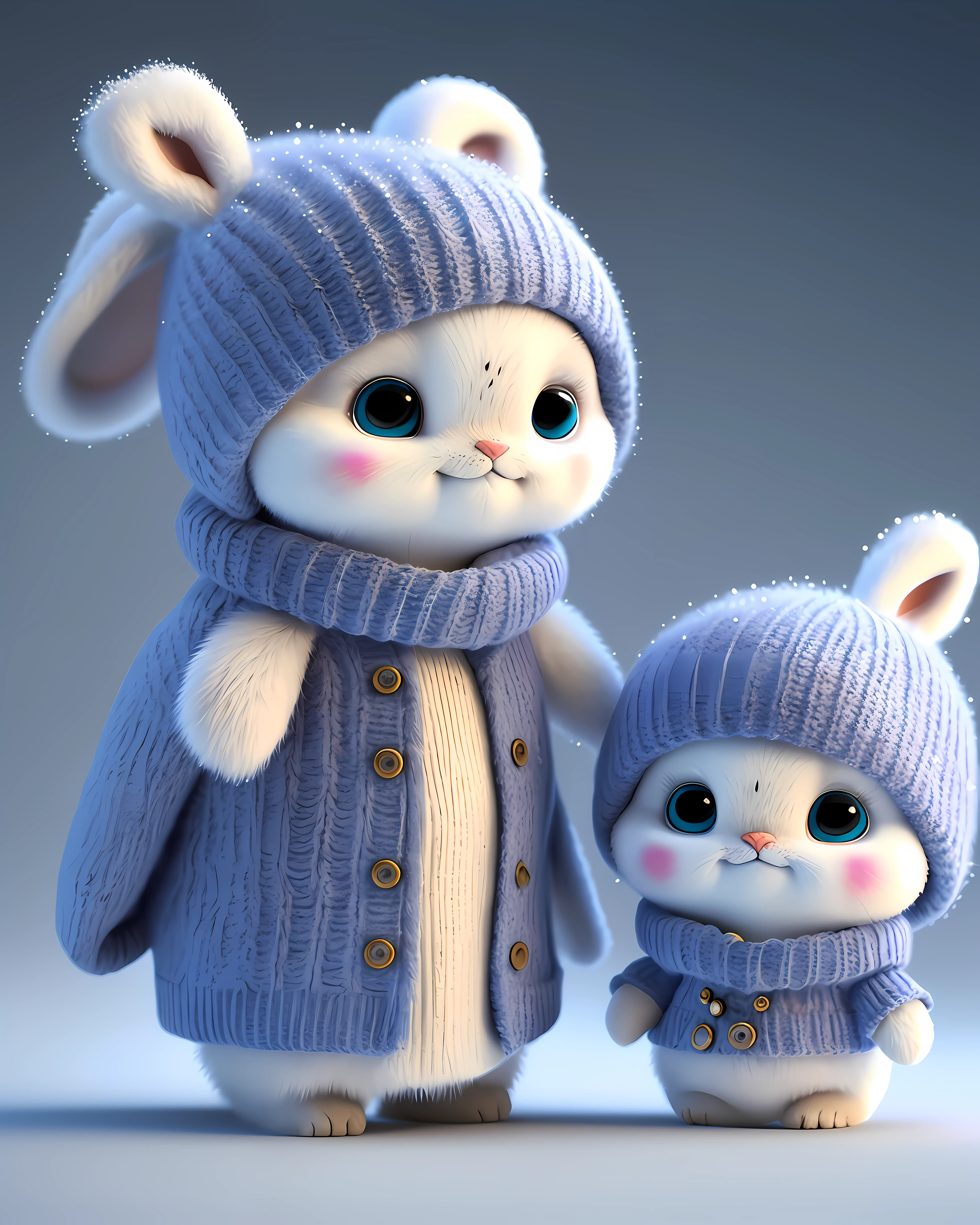 A winter full of regret, drifting snow, big bright eyes, eyes similar to puss in boots, a super cute pixar style white fairy rabbit, bright cute snow white, big bright eyes, cute tail, wearing a cyan sweater, wearing cyan a hat, smile, delicate and thin, fairy tales, incredibly tall detailed, pixar style, bright color, natural light, simple background with pure color, 5 and octane render, Trend in ArtStation, beautiful, ultra wide angle, 8K, realistic HD, 8K HD, mobile images, V 4 Q 2 2