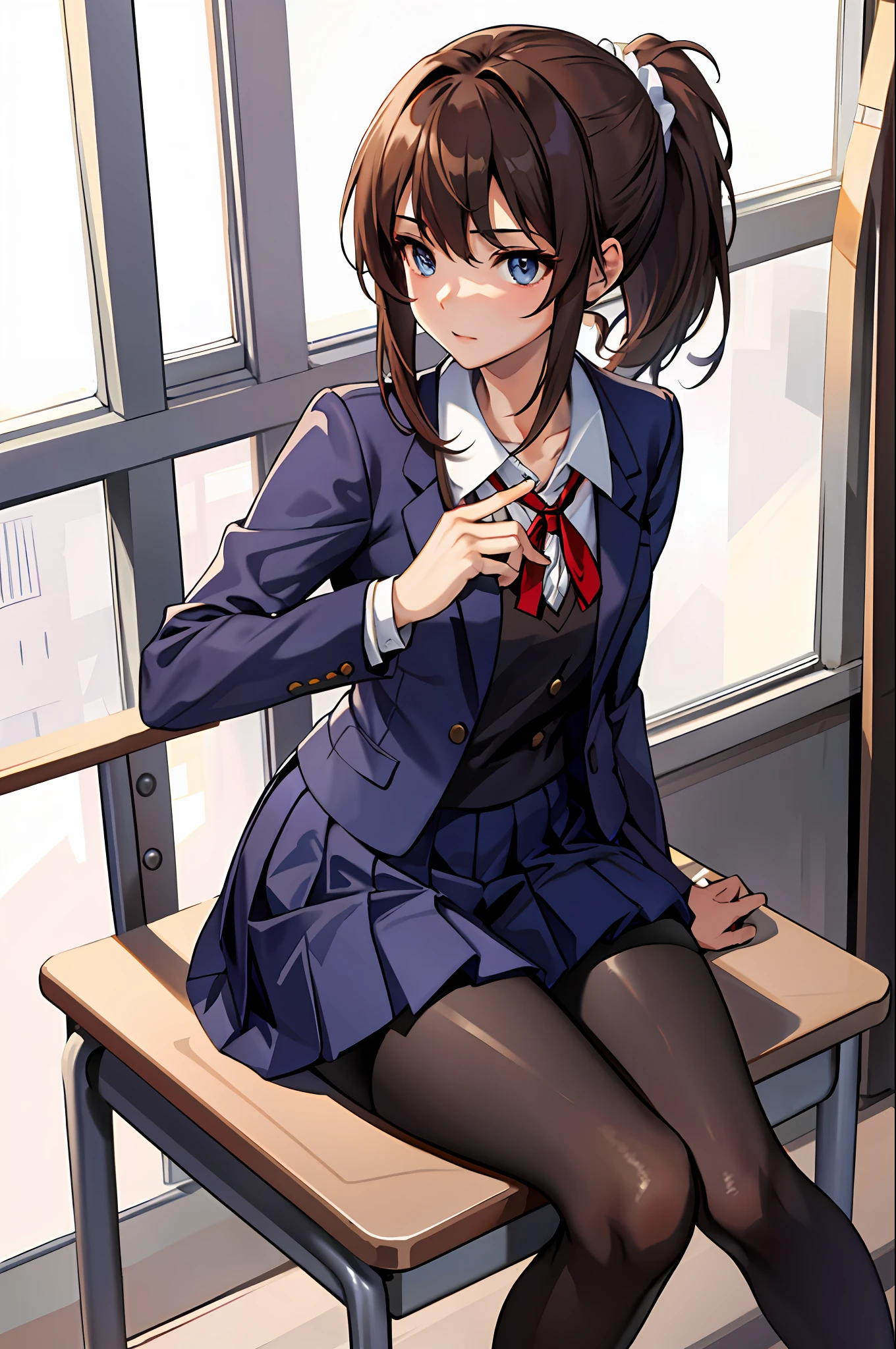 (Masterpiece: 1.2, highest quality), 1 Lady, Solo, School Uniform, Classroom, Day, Seated, Brown Hair, Ponytail, Blue Eyes, Open Collabora Bone, Gal, Open Chest, Tights