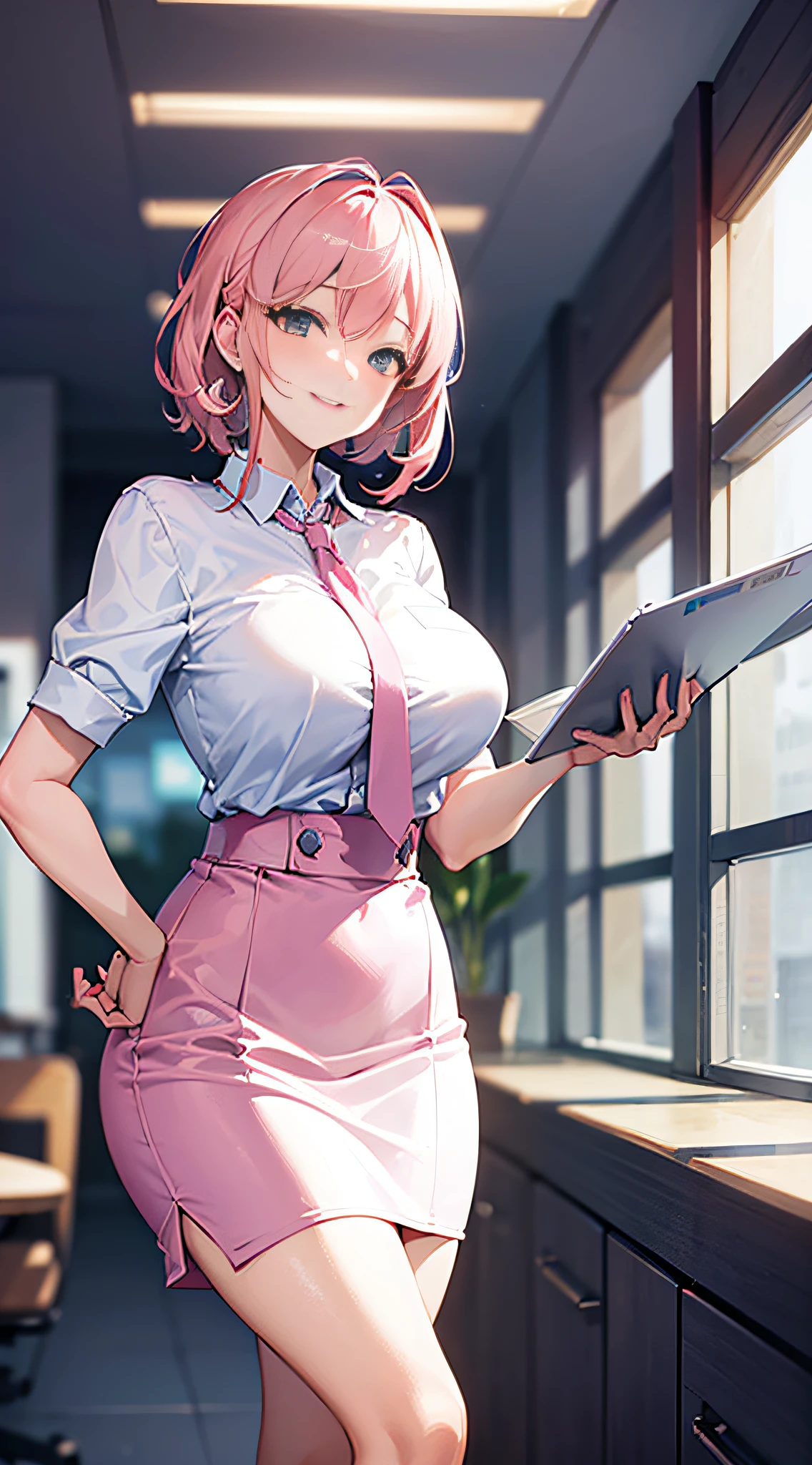 ((masterpiece, best)),(1girl),((mature woman)), light pink hair, dizzy, trumpet, ((office lady)), bangs, mid-chest, (full), slim, smiling, [wide hips] ,office,standing, aru \(blue archive\),