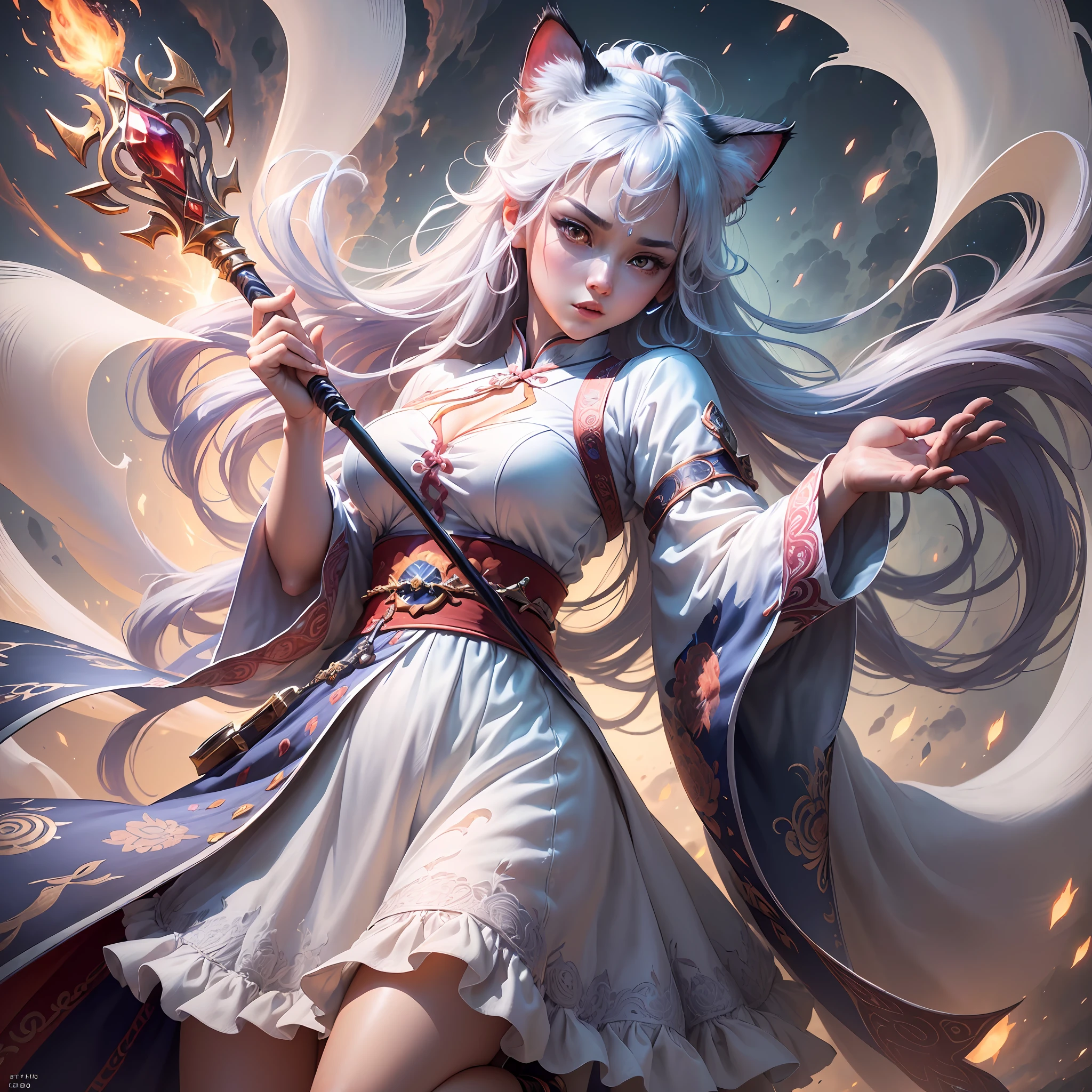 (a masterpiece:1.2),(a better quality illustration,an ultra detailed CG,a Unity 8k wallpaper:1.2),(a female cat magician with a magic scepter),(dynamic focus,dynamic angle),(character:1.5),(wuxia white clothing,neck band),fog, clouds, bright blade, twilight light --auto --s2