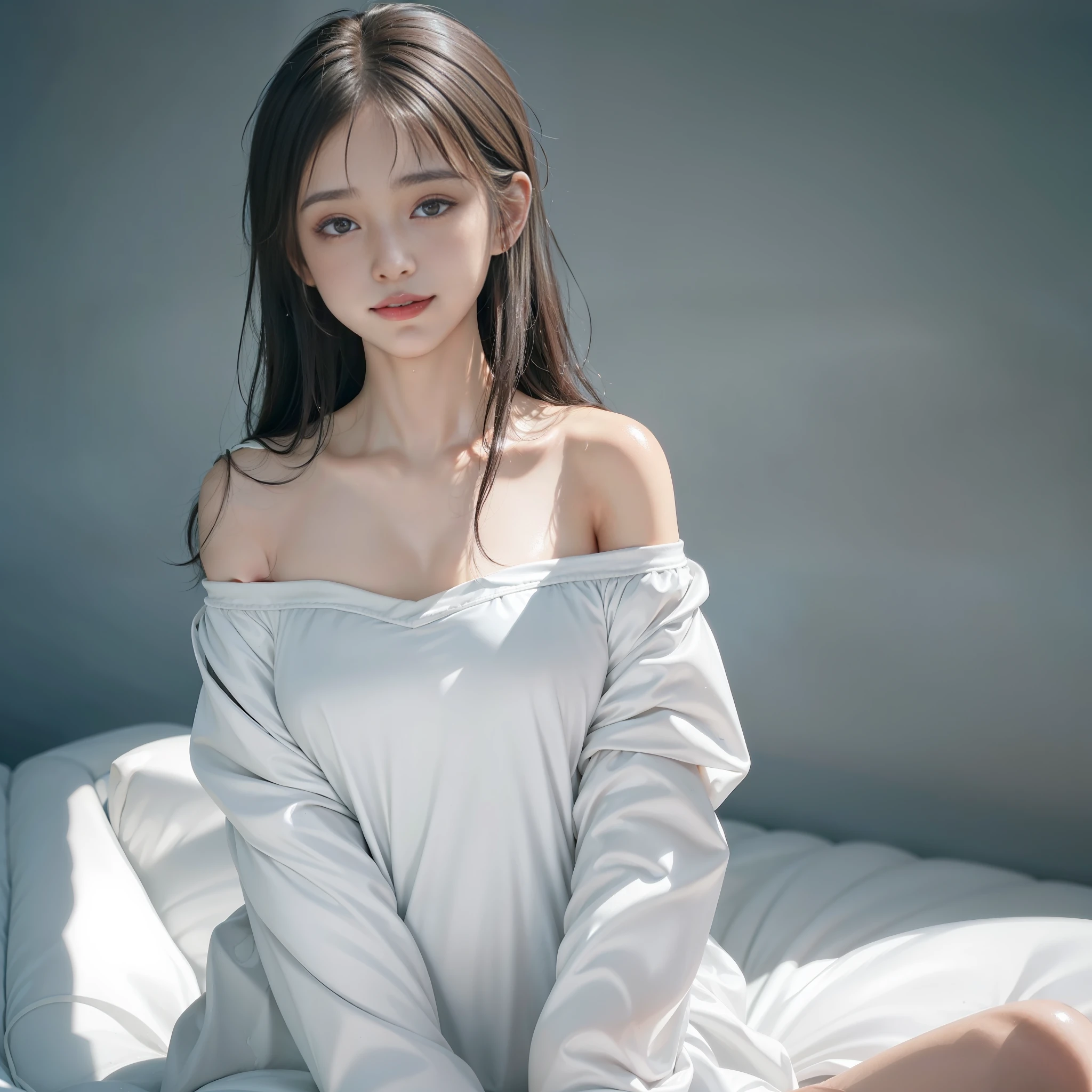 ((Top Quality, 8k, Masterpiece: 1.3)), Beauty, 1 Girl, Big: 1.3, Slender Abs: 1.1, Dark Brown Hair, (Lying in bed, Open Legs: 1.2), Ultra Detailed Face, Highly Detailed Lips, Detailed Eyes, Double Eyelids, (((Wet White Tube Top)),(Protruding ),(Protruding Nipplesads Legs)))),( (cute smile))),