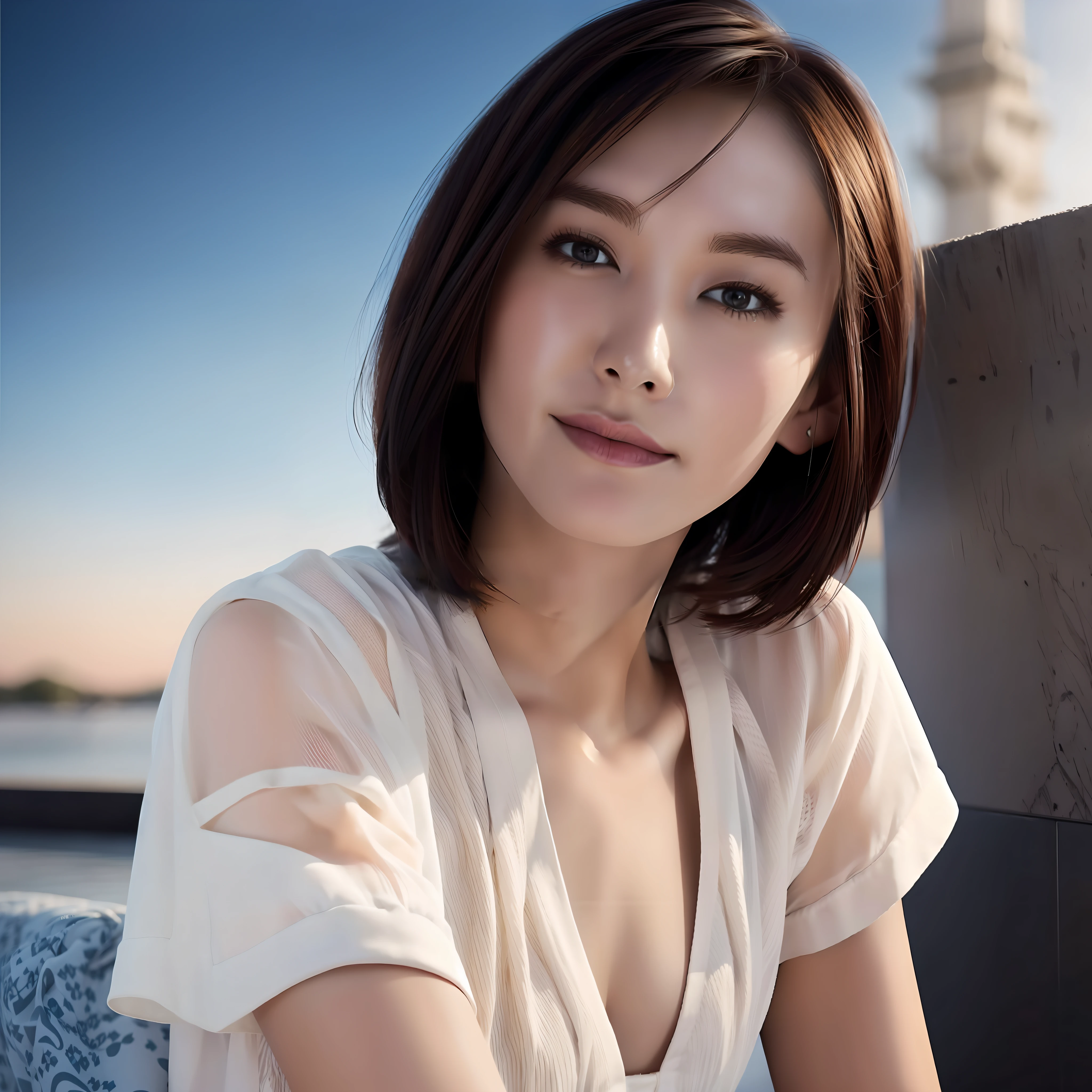 (8k, top quality, masterpiece: 1.2), (realistic, photorealistic: 1.37), ultra detailed, pores, ( (1 girl))), solo, beautiful detailed sky, detailed café, night, sitting, dating, (blush), (smile: 1.2), (half-open mouth) small breasts, beautiful fine eyes, (shirt: 1.1), night, white lace, (short hair: 1.2), Float NovaFrogStyle, sexy, cute