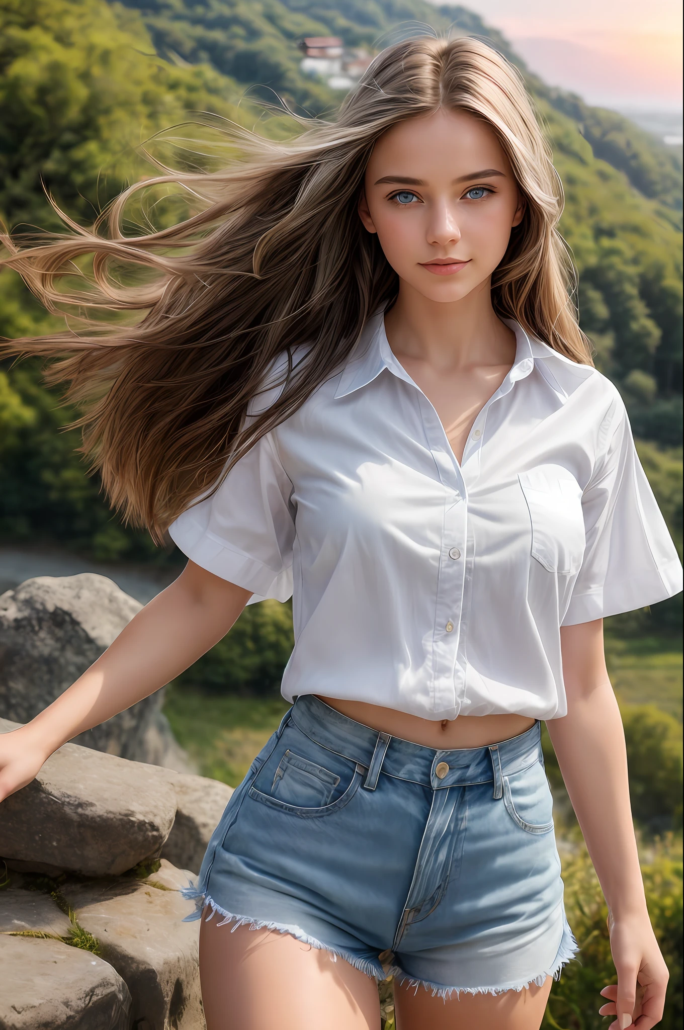 Masterpiece, Best Quality, Ultra Detail), (1 Girl), Blue Eyes, Long Hair, Brunette Hair, Dynamic Angle, Dynamic Pose, Natural Light, Floating, White Shirt, Denim Shorts (Silver Bracelet: 1.2|Watch), (Nature Background: 0.8|Sunrise on the Hilltop), (Smile: 0.8|Serious Expression), (Highlighted on Hair), Too Many Water Drops: 0.8