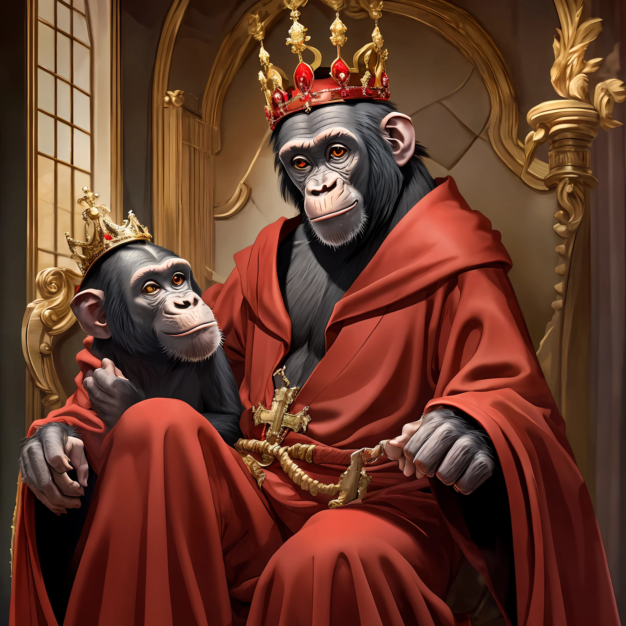 chimpanzee sitting on the throne,with a crown on his head,wearing a red robe,with his leg cross,common mischievous smile,8knrealistic --auto --s2