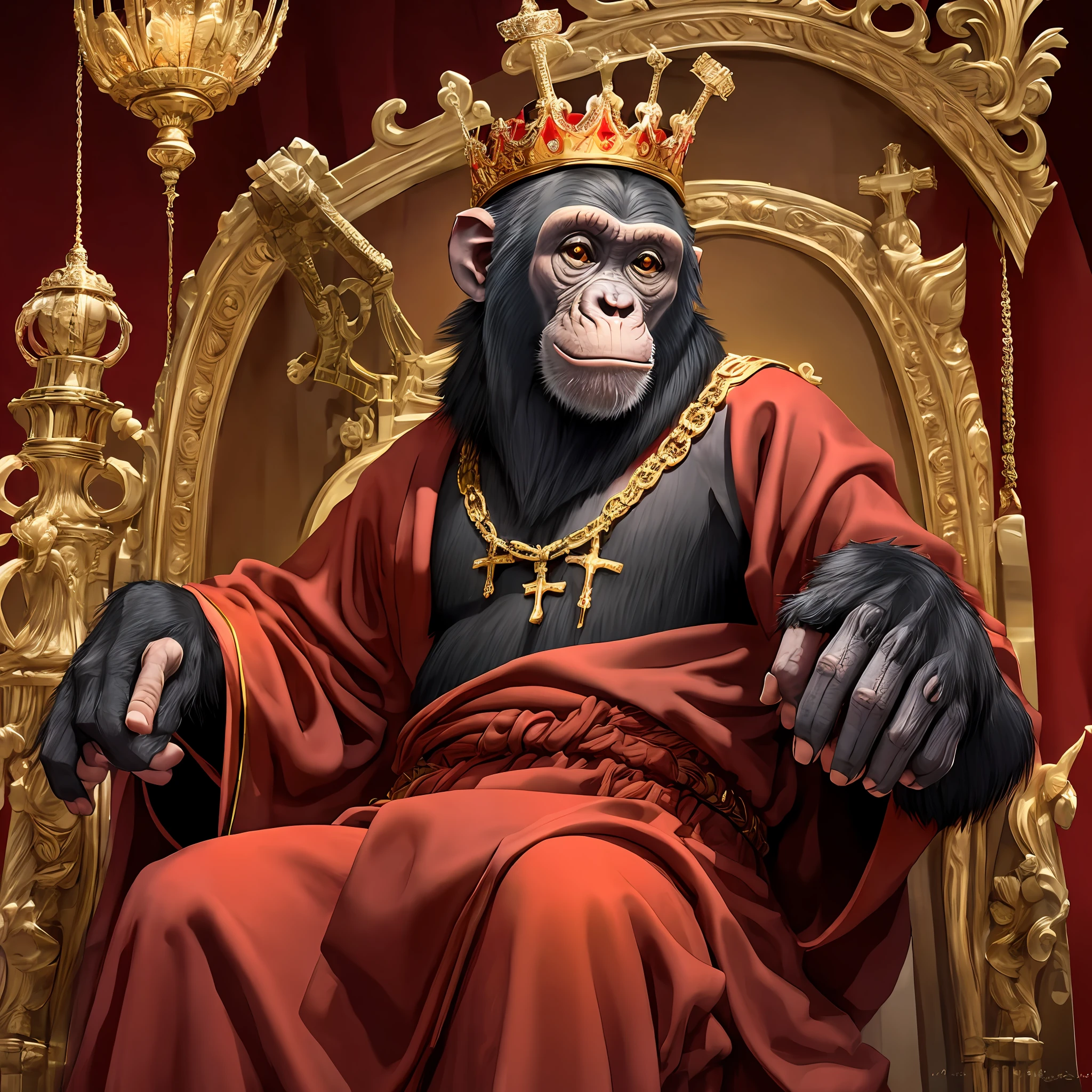 chimpanzee sitting on the throne,with a crown on his head,wearing a red robe,with his leg cross,common mischievous smile,8knrealistic --auto --s2