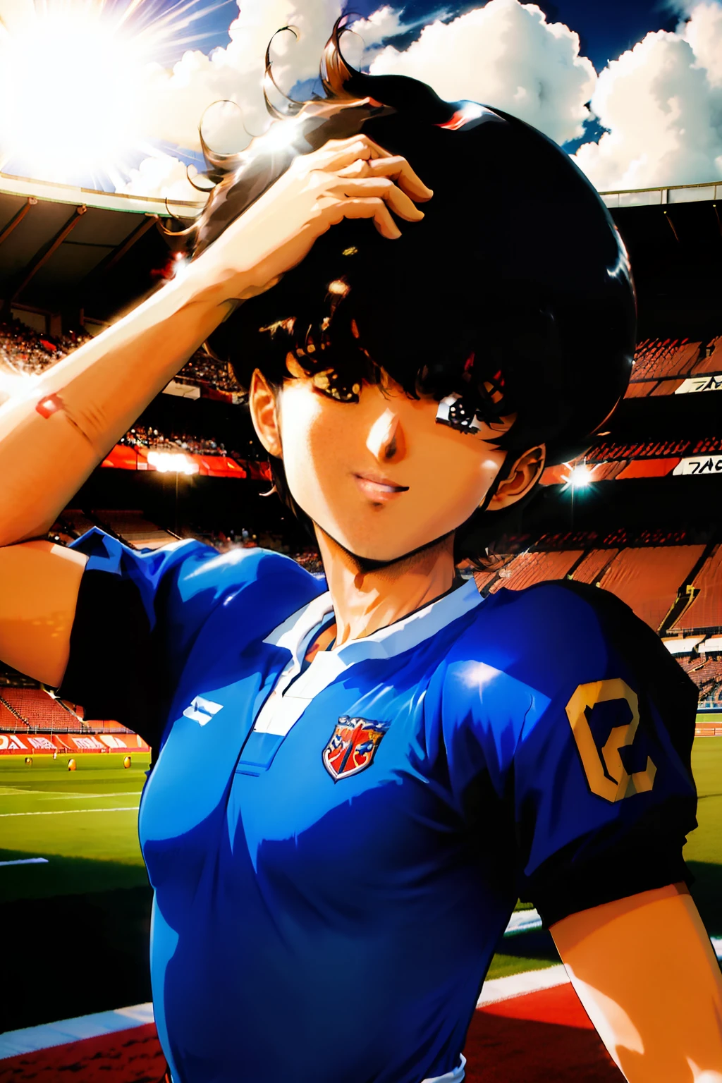 Masterpiece! Character Tsubasa, from the anime Captain Tsubasa, is radiant in a sunny soccer stadium in São Paulo. Tsubasa is smiling wearing his football uniform. The colors of the uniform are vibrant and seem to jump off the screen. This scene was captured with ultra high resolution for stunning cinematic effect.