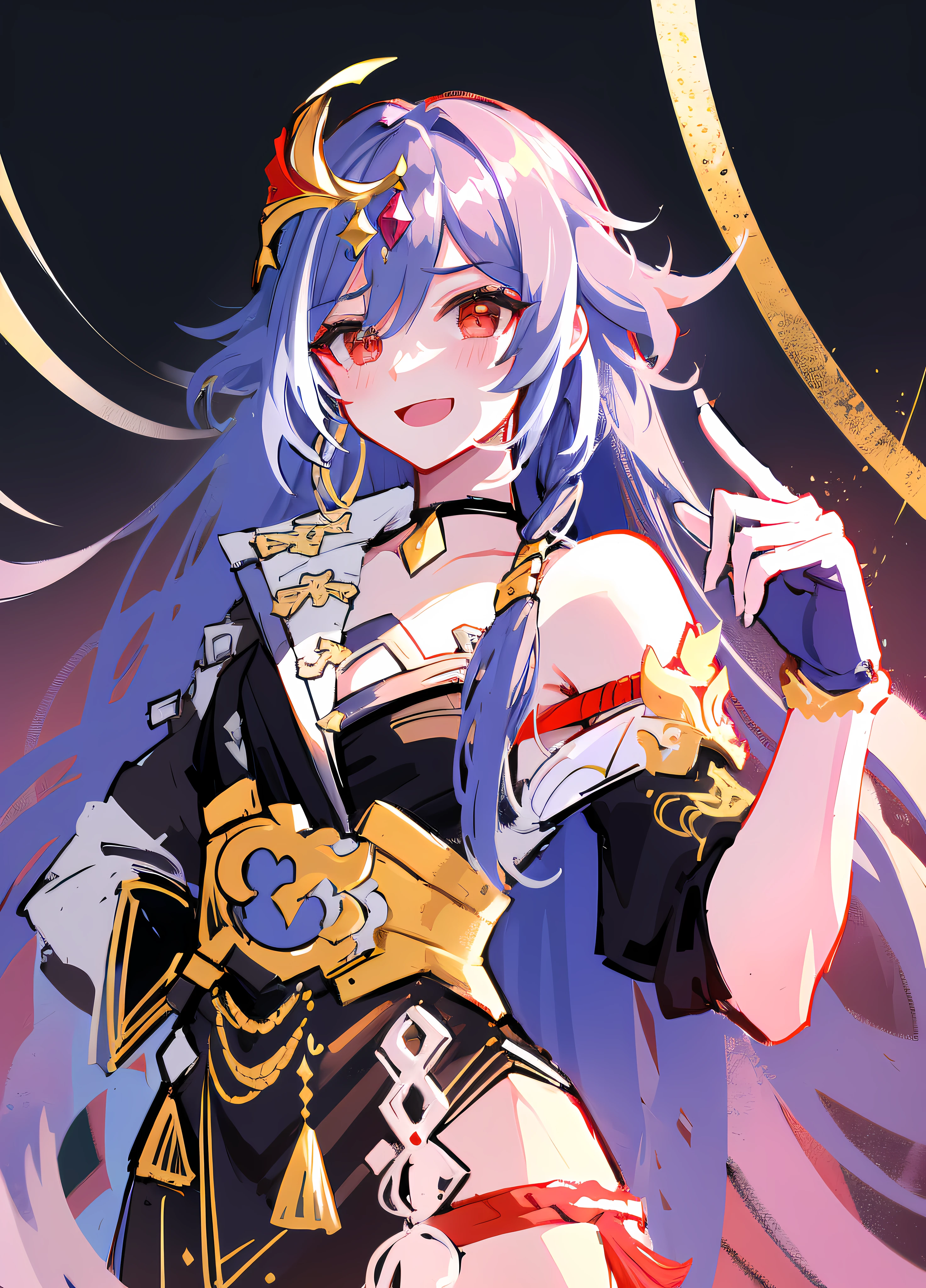 best quality, masterpiece, ultra-detailed, beautiful, highres, original, absurdres, senti,
1girl, solo, long_hair, looking_at_viewer, smile, bangs, black_hair, hair_ornament, red_eyes, hair_between_eyes, chinese_clothes, uneven_sleeves, :d, standing, simple background, white background, gloves, asymmetrical_sleeves, fingerless gloves,
