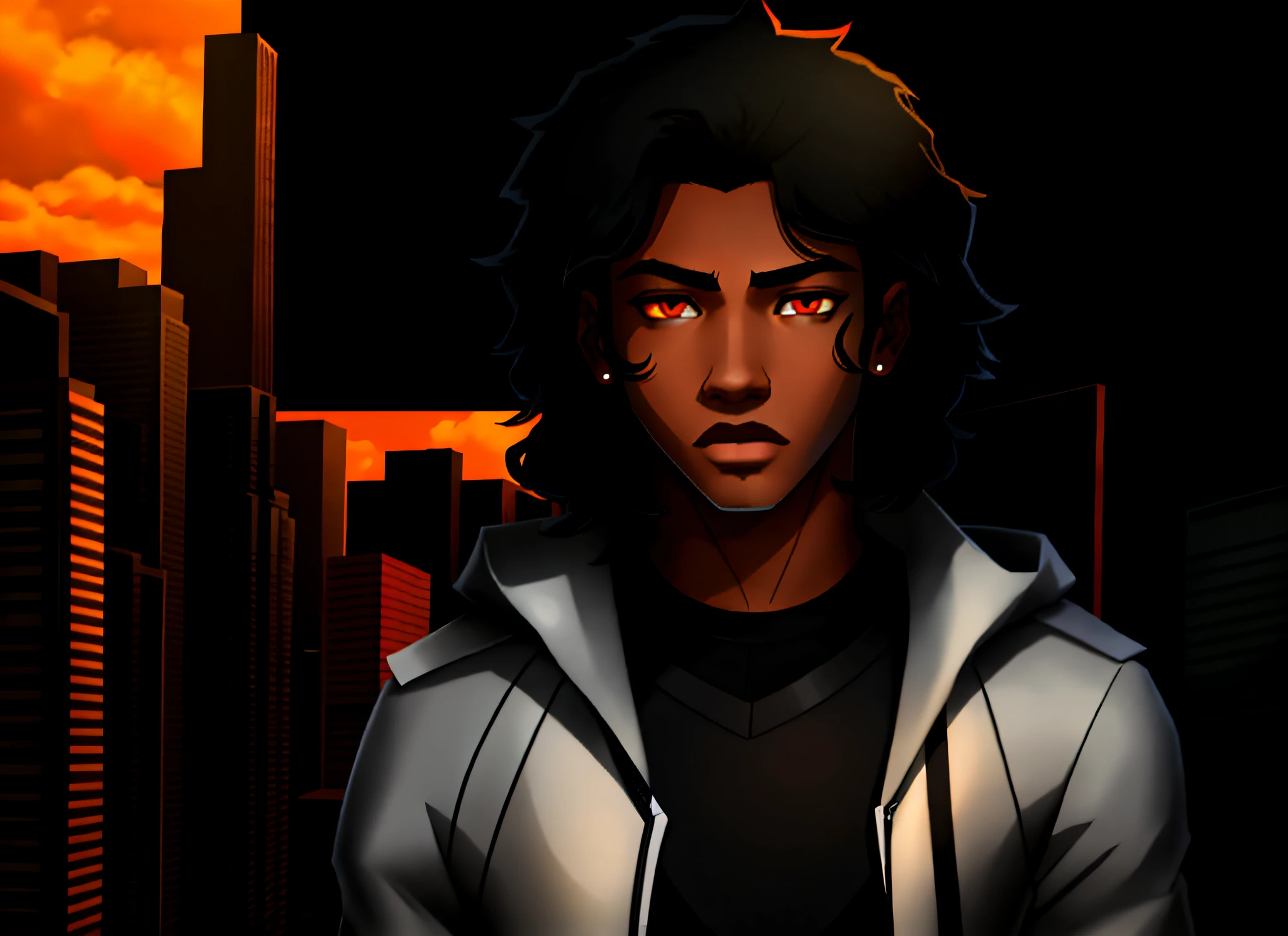 black ager with orange eyes, straight black hair, young, handsome, no beard, tired look, dark, cool, black modern clothes, picture background is a city