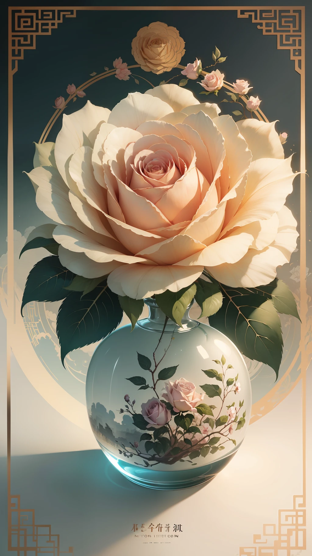 Illustration, poster design, perfume bottle, silk white rose, plant, chinoiserie, rich background, flat illustration, Victo Ngai style stunning details atmospheric perspective, natural lighting, hyper detail details, 8k