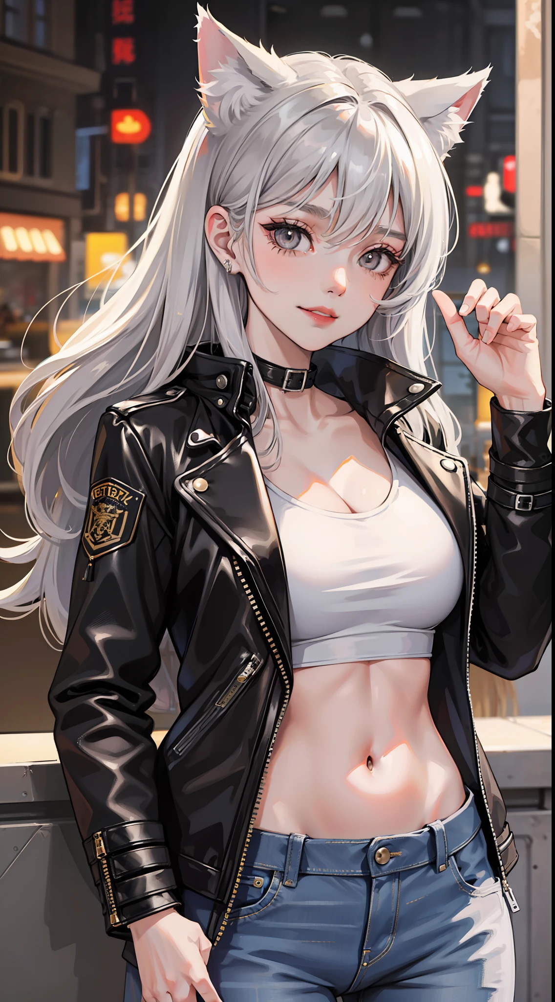 Adult girl, long gray hair, golden eyes, cat ears, smile, black leather jacket, jeans, masterpiece, high quality