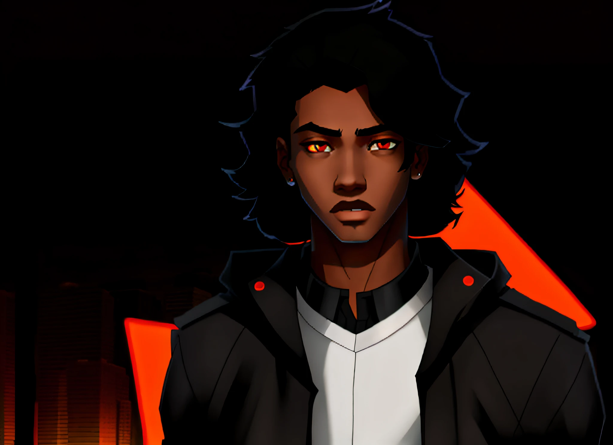 black teenager with orange eyes, straight black hair, young, handsome, no beard, tired look, dark, cool, black modern clothes, picture background is a city