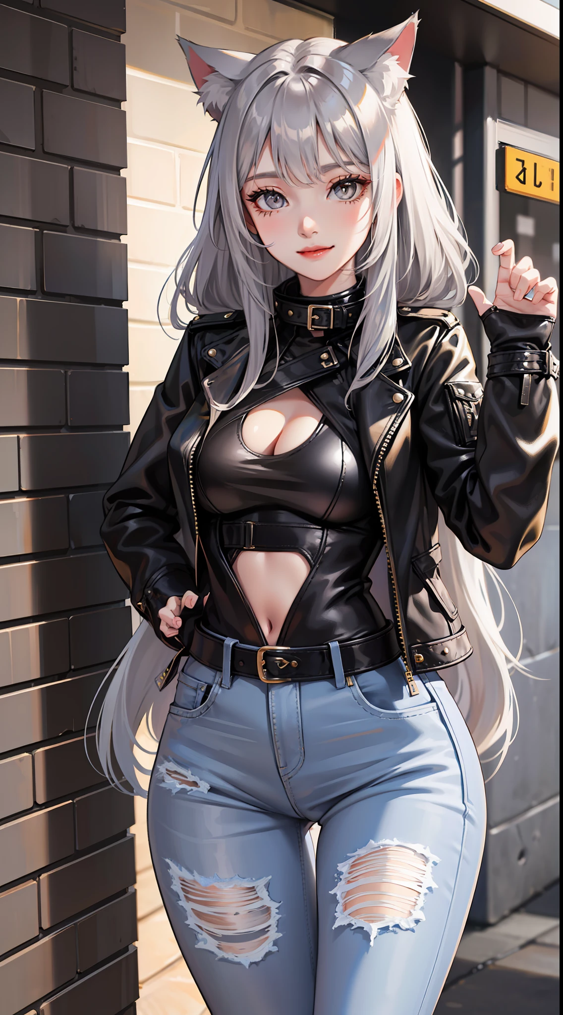 Adult girl, long gray hair, golden eyes, cat ears, smile, black leather jacket, jeans, masterpiece, high quality