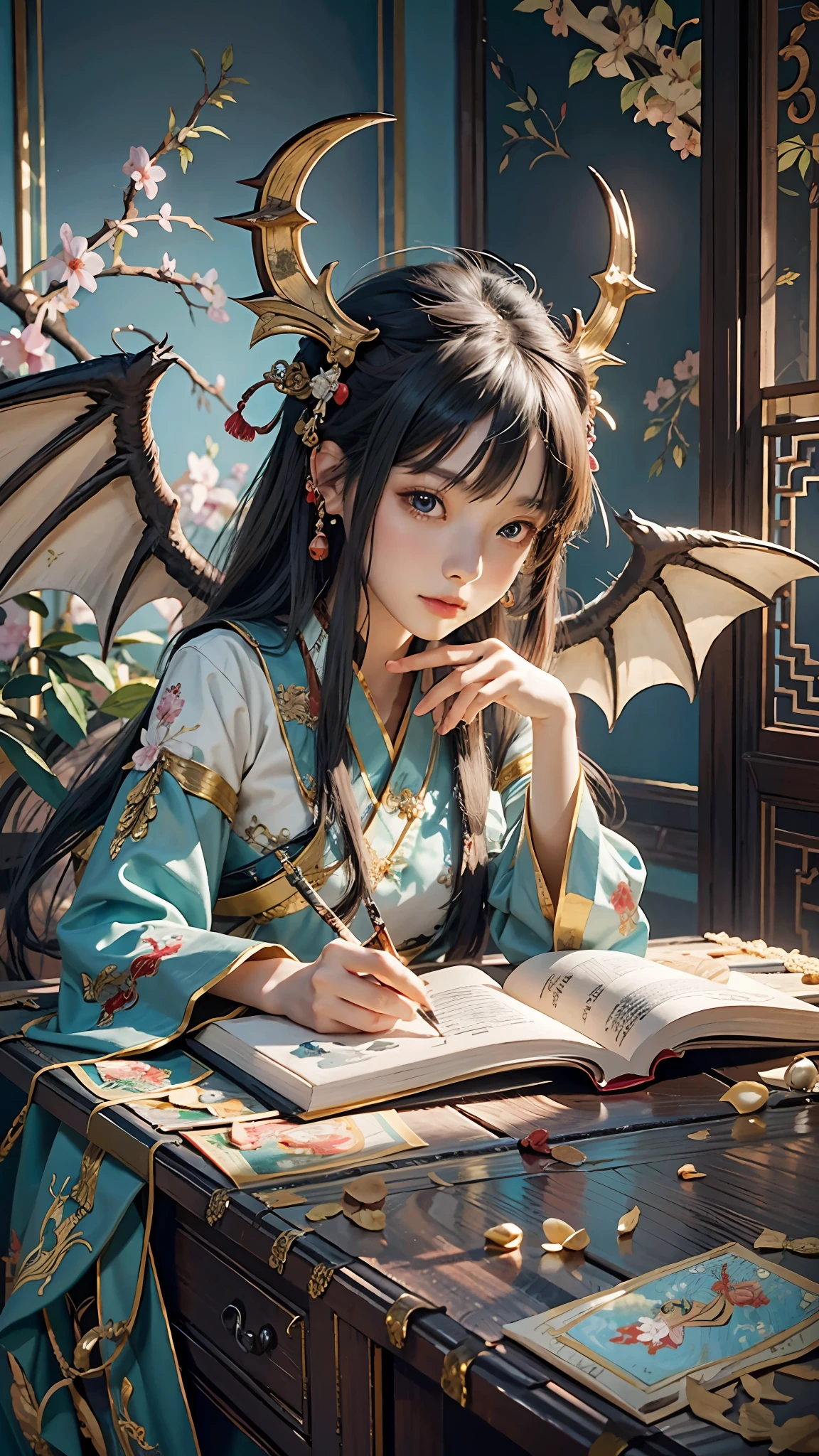 anime girl in oriental dress writing on a book with dragon wings, a detailed painting by Yang J, pixiv contest winner, fantasy art, palace ， a girl in hanfu, chinese fantasy, beautiful character painting, anime fantasy illustration, a beautiful artwork illustration, fantasy art style, beautiful digital artwork, detailed digital anime art, anime art wallpaper 4k