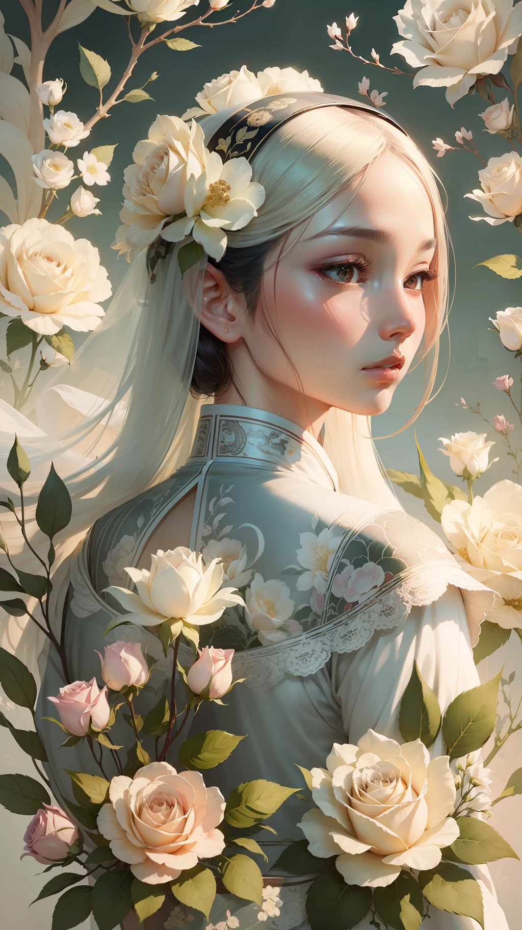 Illustration, poster design, perfume bottle, silk white rose, plant, chinoiserie, rich background, flat illustration, Victo Ngai style stunning details atmospheric perspective, natural lighting, hyper detail details, 8k