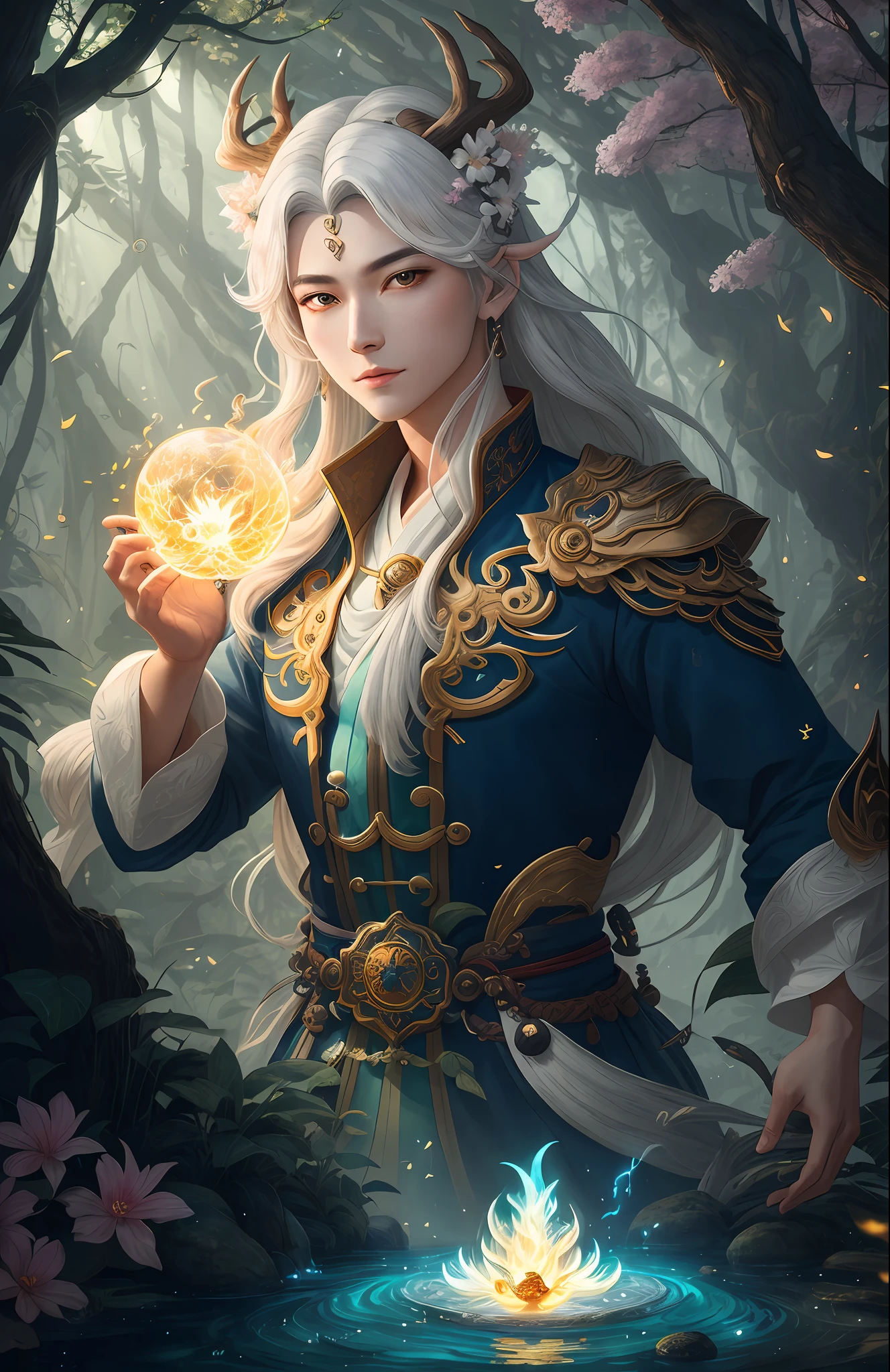 Masterpiece, best quality, (very detailed CG unified 8k wallpaper), (best quality), (best illustration), (best shadow), close-up of a beauty with white hair and white mask, beautiful figure painting, Guvitz, Guwiz style artwork, white-haired god, Yang J, epic exquisite character art, amazing character art, Fan Qi, Wu Zhun Shifan, Guwiz in pixiv art station, glowing elf, with a glowing deer, drinking water in the pool, Natural elements in forest theme. Mysterious forest, beautiful forest, nature, surrounded by flowers, delicate leaves and branches surrounded by fireflies (natural elements), (jungle theme), (leaves), (branches), (fireflies), (particle effects) and other 3D, Octane rendering, ray tracing, super detailed