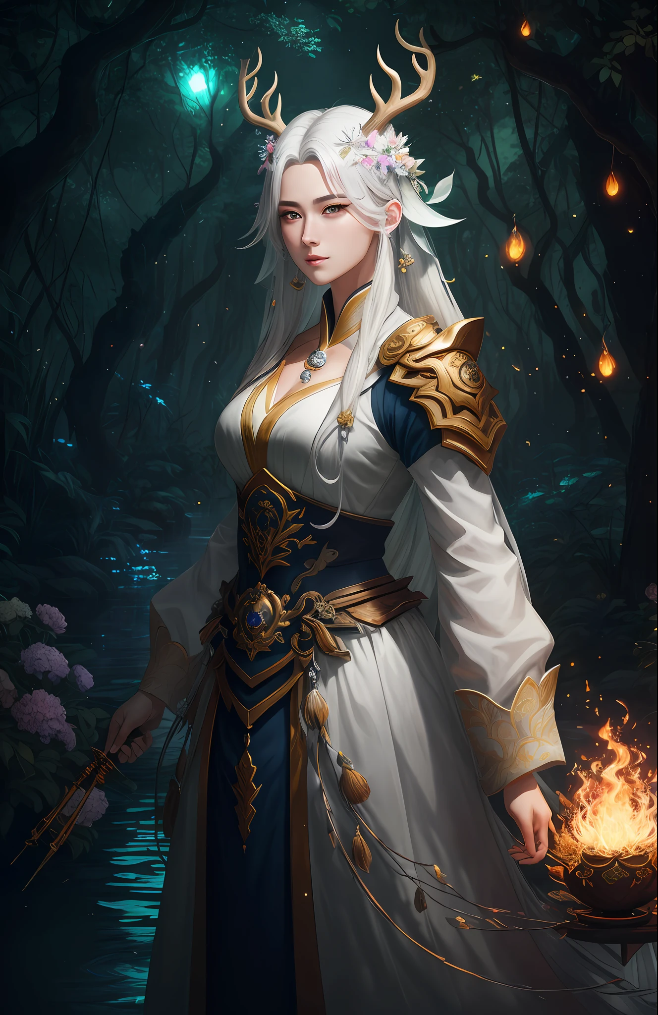 Masterpiece, best quality, (very detailed CG unified 8k wallpaper), (best quality), (best illustration), (best shadow), close-up of a beauty with white hair and white mask, beautiful figure painting, Guvitz, Guwiz style artwork, white-haired god, Yang J, epic exquisite character art, amazing character art, Fan Qi, Wu Zhun Shifan, Guwiz in pixiv art station, glowing elf, with a glowing deer, drinking water in the pool, Natural elements in forest theme. Mysterious forest, beautiful forest, nature, surrounded by flowers, delicate leaves and branches surrounded by fireflies (natural elements), (jungle theme), (leaves), (branches), (fireflies), (particle effects) and other 3D, Octane rendering, ray tracing, super detailed