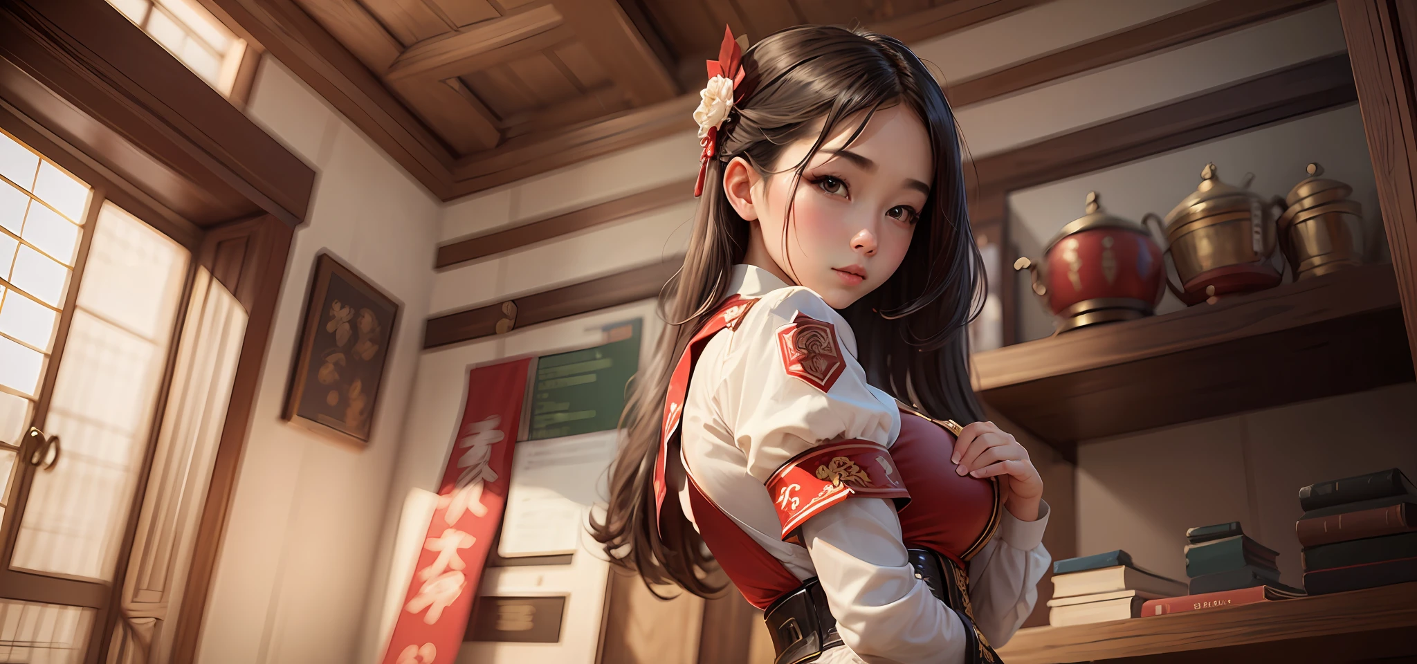 Student in short petticoat, sexy in oriental uniform