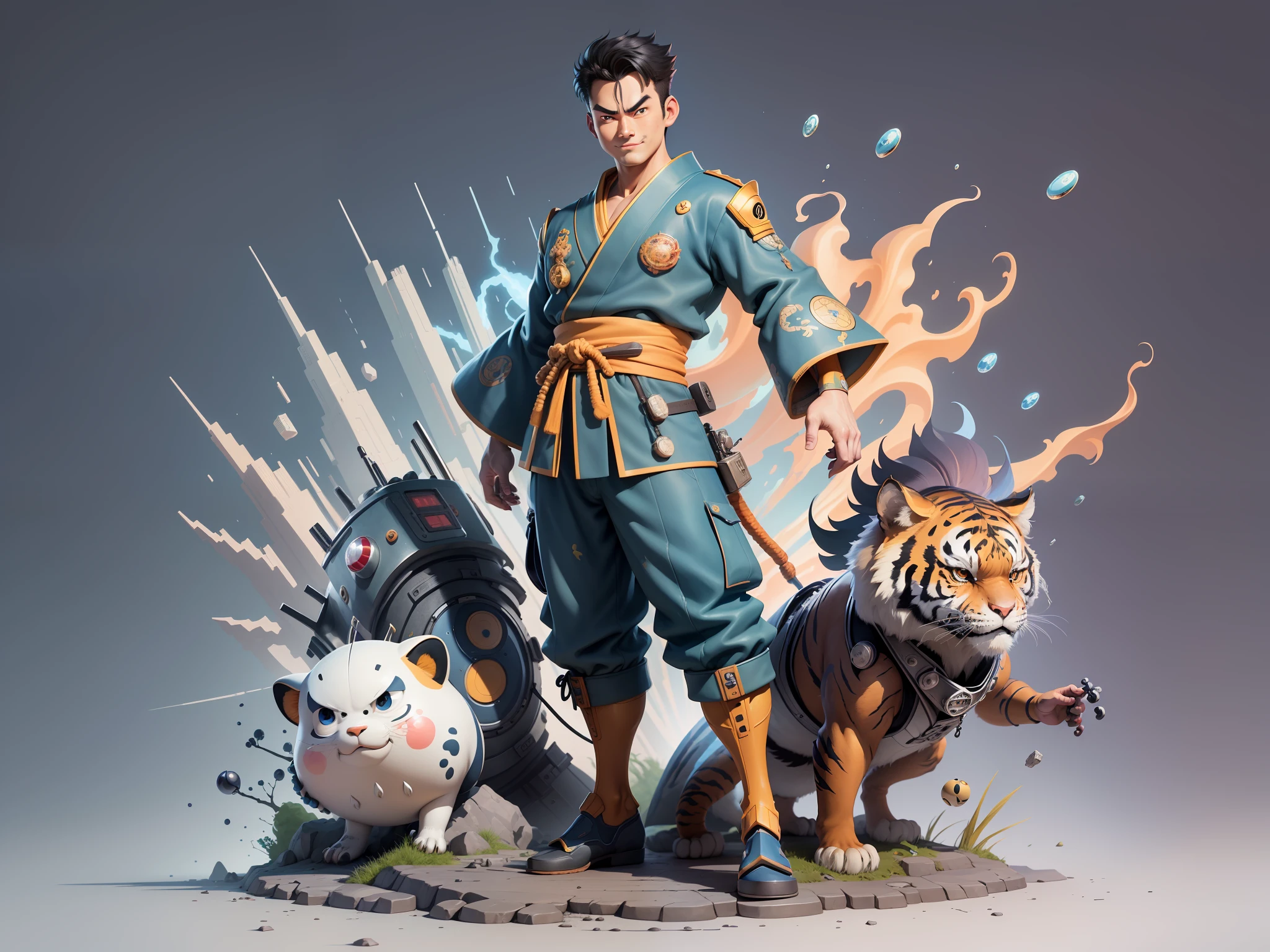 (Masterpiece), (Excellent), (Super Meticulous), (Full Body: 1.2), Super Young Man, Oriental Face, Japanese Kimono, Japanese Wind Thunder God, Dragon, Tiger, TV Anchor, Bust Portrait Illustration, Alone, Black Suit, Blue Tie, Slightly Chubby Face, Very Clean Face, No Beard, Black Super Short Hair, Black Eyes, Confident Smile, 3c Computer Sub-Products, iPad, iPhone, Digital Painting, 3D Character Design by Akira Toriyama and Mark Claireden and Pixar and Hayao Miyazaki, The illustration is a high-definition illustration in 4K resolution with very detailed facial features and cartoon-style visuals.