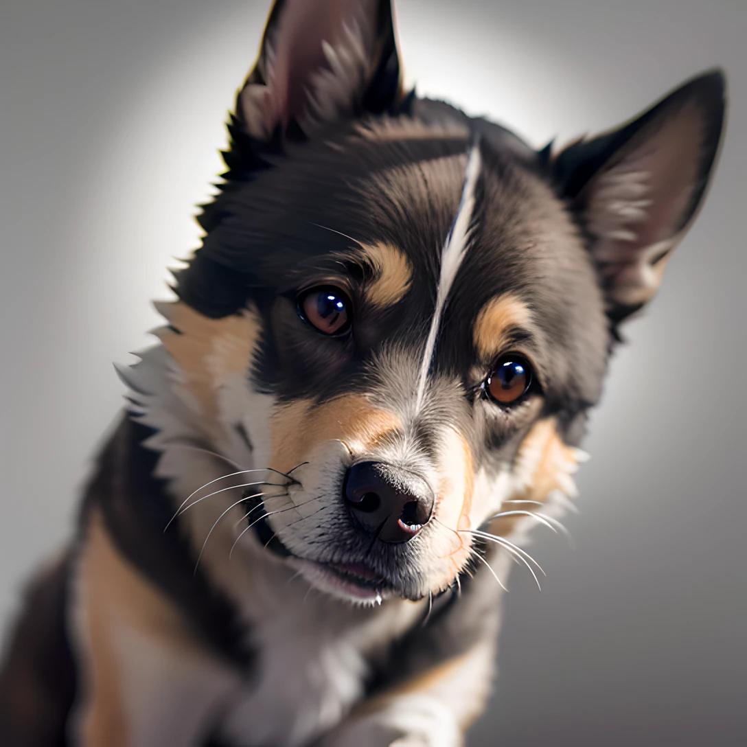 (dog:1.0), masterpiece, best quality, 8k, absurdres, ultra realistic, highres, photography, film grain, chromatic aberration, sharp focus, HDR, facelight, dynamic lighting, cinematic lighting, professional shadow, simple background, (grey background:1.4), highest detailed, extreme detailed, ultra detailed, finely detail, (sharp pupils, realistic pupils:0.8)