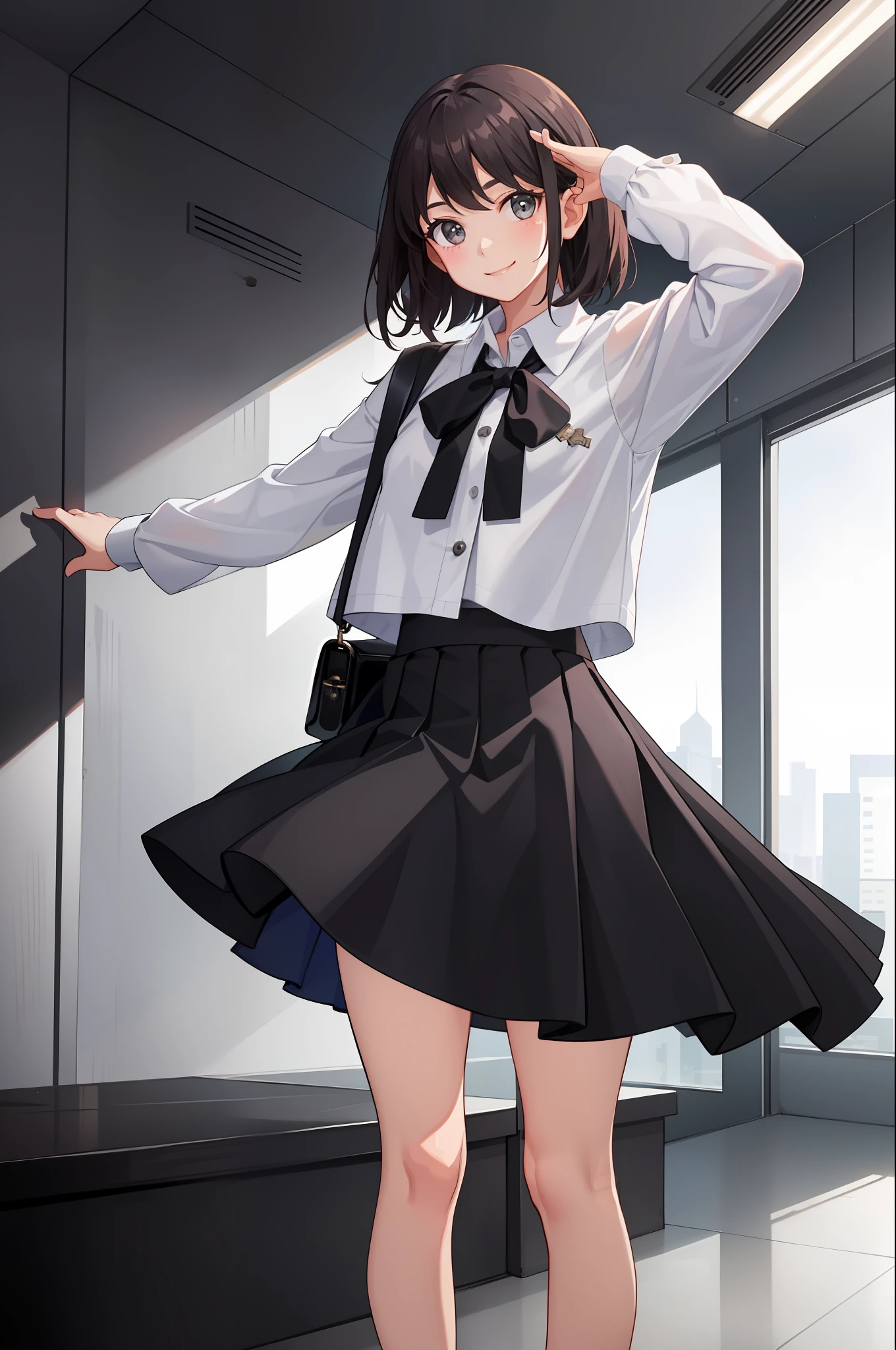 1 girl, smile, shirt, skirt, (small) chiralism,