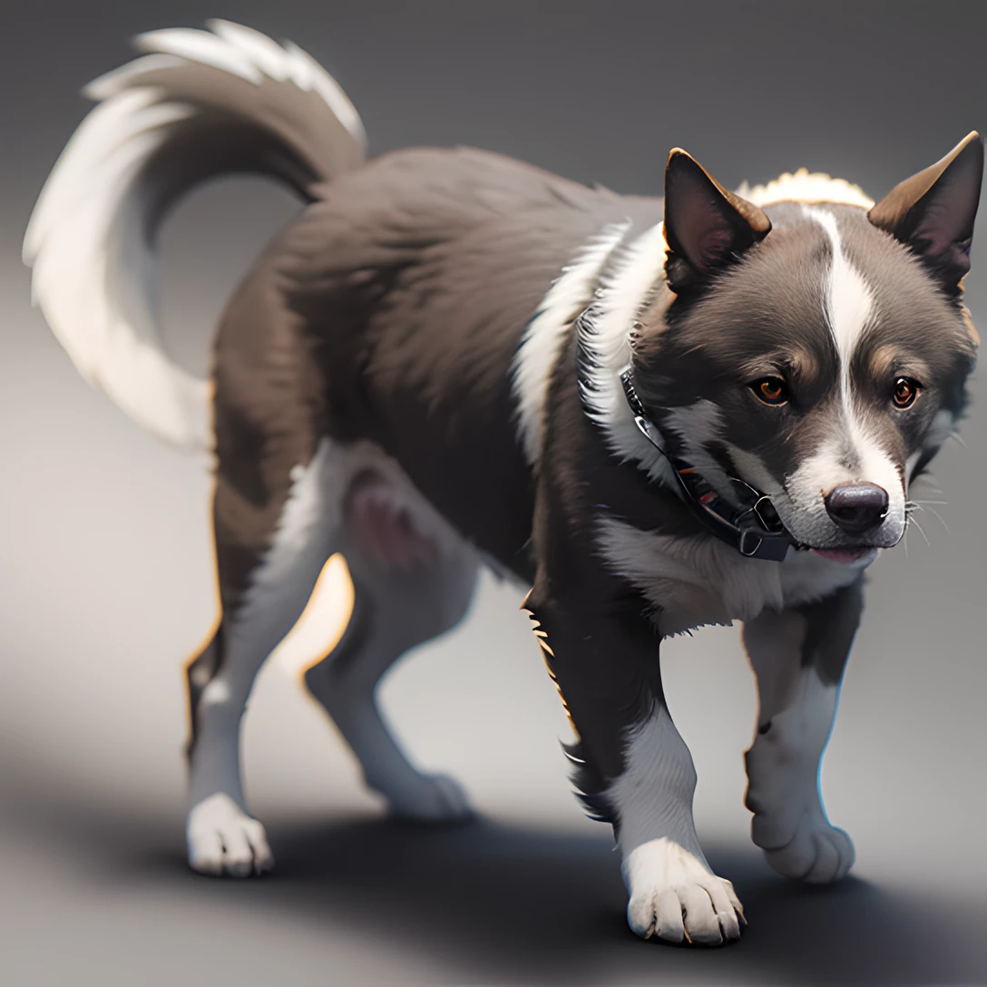 dog, (full body:1.8), masterpiece, best quality, 8k, absurdres, ultra realistic, highres, photography, film grain, chromatic aberration, sharp focus, HDR, facelight, dynamic lighting, cinematic lighting, professional shadow, simple background, (grey background:1.4), highest detailed, extreme detailed, ultra detailed, finely detail, (sharp pupils, realistic pupils:0.6)