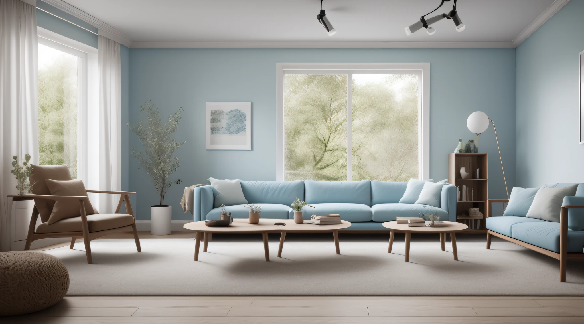 a living room,  blue walls with flower wallpaper, bright mahogany wood floor, sofa with 2 armchairs in beige color, a glass coffee table with vase on top, a medium-sized London landscape frame behind the sofa, a clear lighting projected from above, a large window with white curtains,  A bookshelf on the wall and some silverware, (iamgem realistic), (minimalist) 8K, 16K, Detailed Architecture, Ray Tracing, Global Lighting, Render, 3D Studio Image