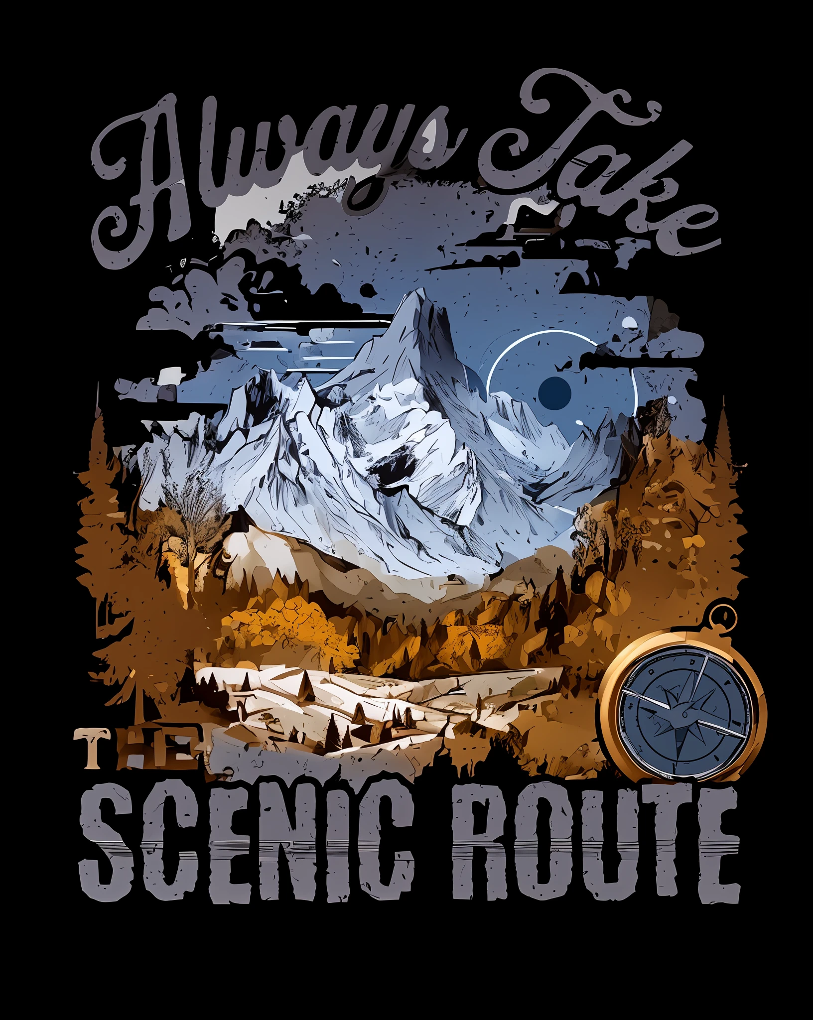 there is a t - shirt with a mountain and a compass, scenery artwork, scenic, scenic view, scenic landscape, scenary, scenic background, scenery art detailed, 🪔 🎨;🌞🌄, detailed scenic view, scenic mountain setting, scenic full shot, in a scenic background, in a scenic environment, scenic environment, iconic scene --auto --s2